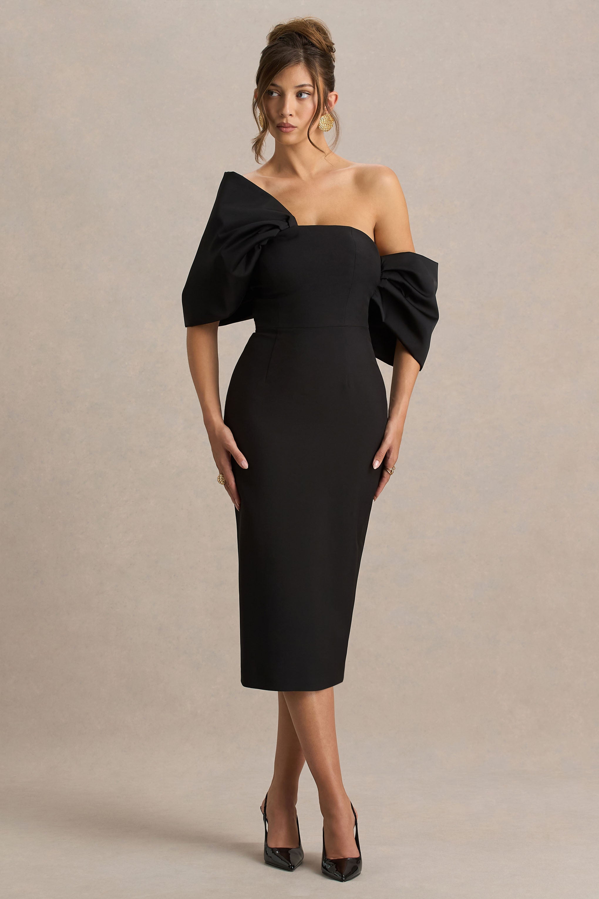 Lucille | Black Asymmetric Bardot Midi Dress With Bow Detail