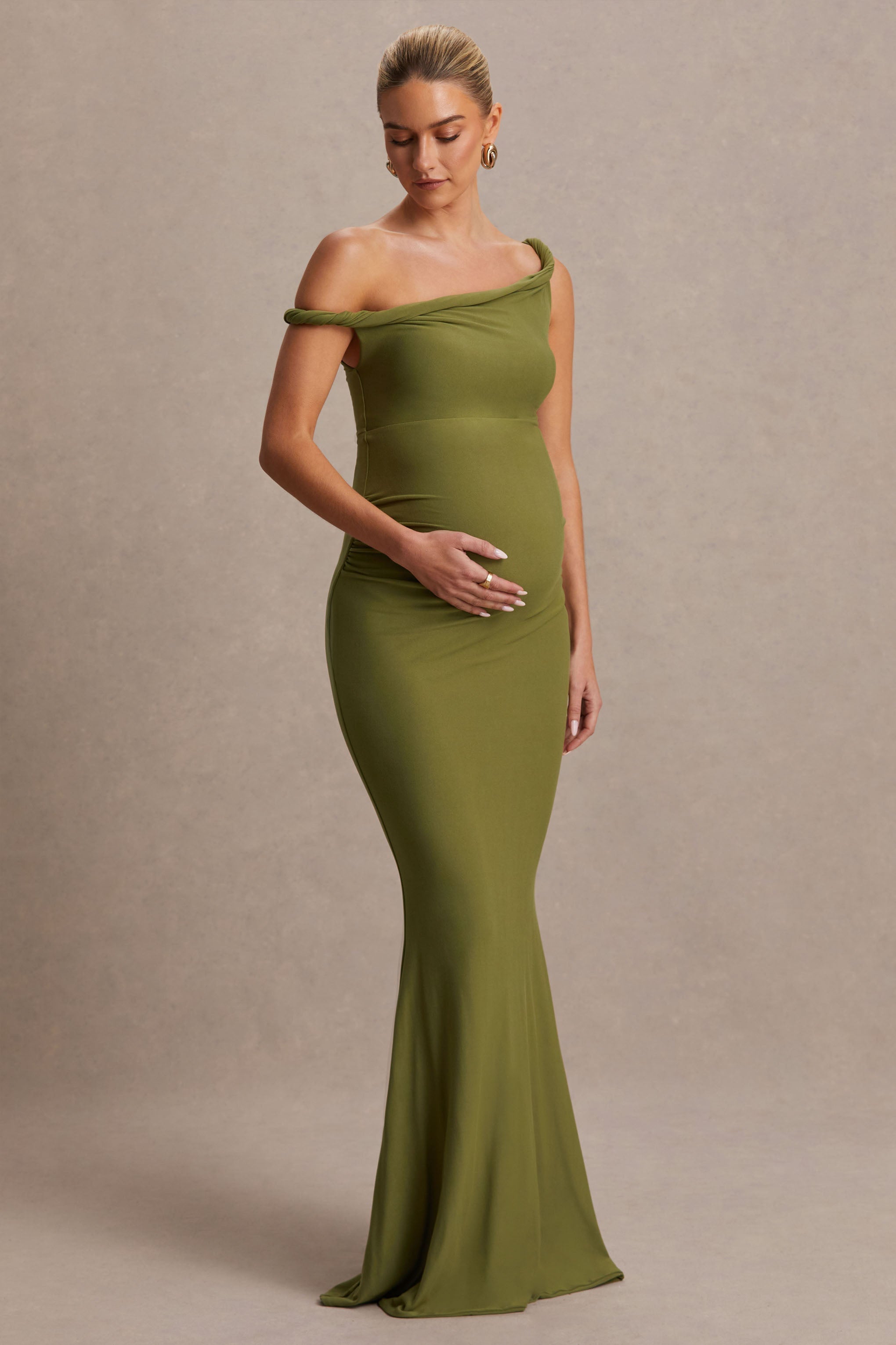 Lita | Olive Twisted Asymmetric Maternity Maxi Dress