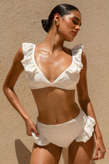 Seashells | White Broderie High-Waist Ruffle-Trim Bikini Bottoms