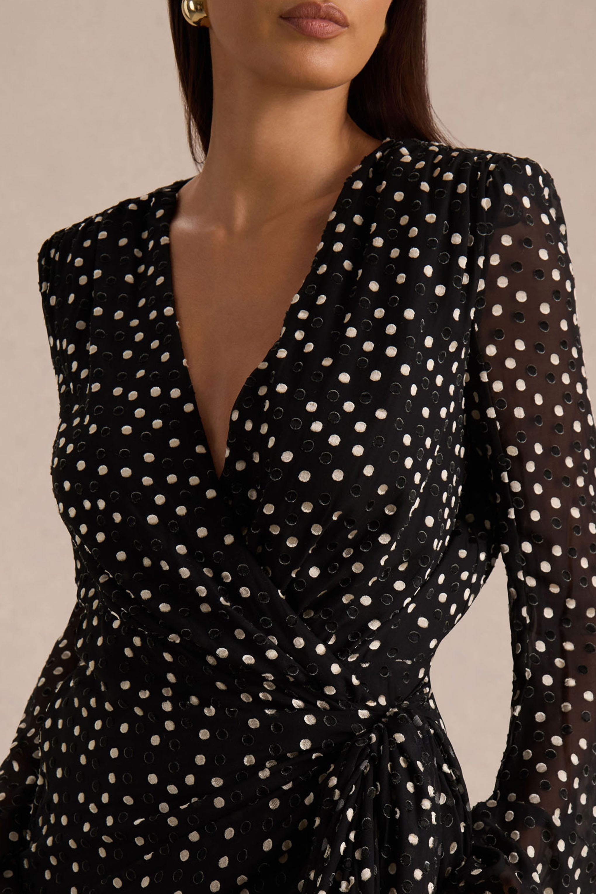 Mela | Black And White Polka Dot Plunge-Neck Mini Dress With Bell-Sleeves And Sash Detail