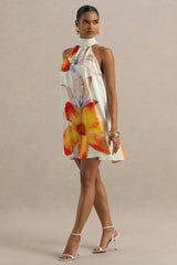 Evita | Orange Floral High-Neck Satin Mini Dress
