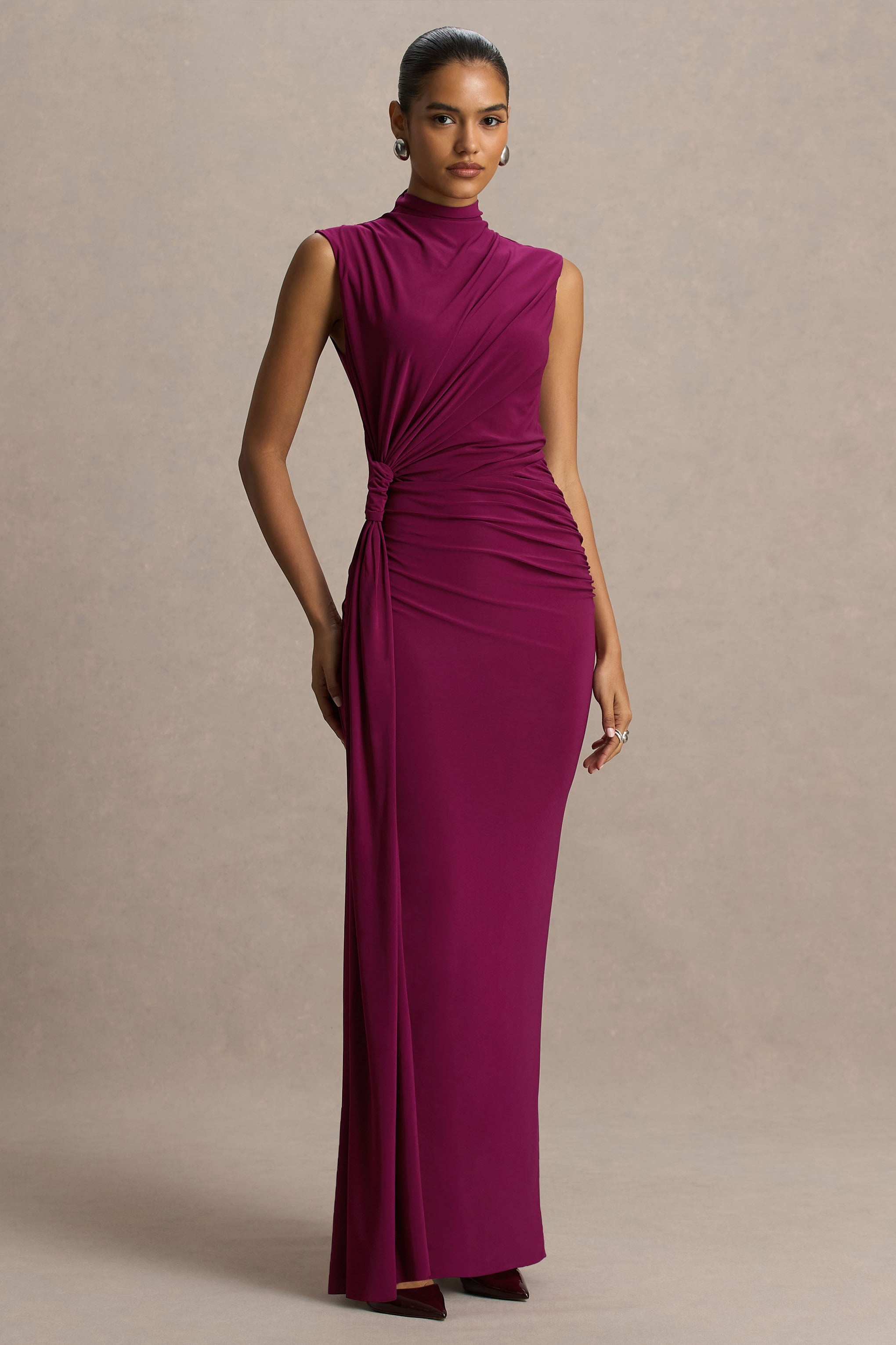 Solene | Burgundy High-Neck Maxi Dress With Wrap And Drape Detail
