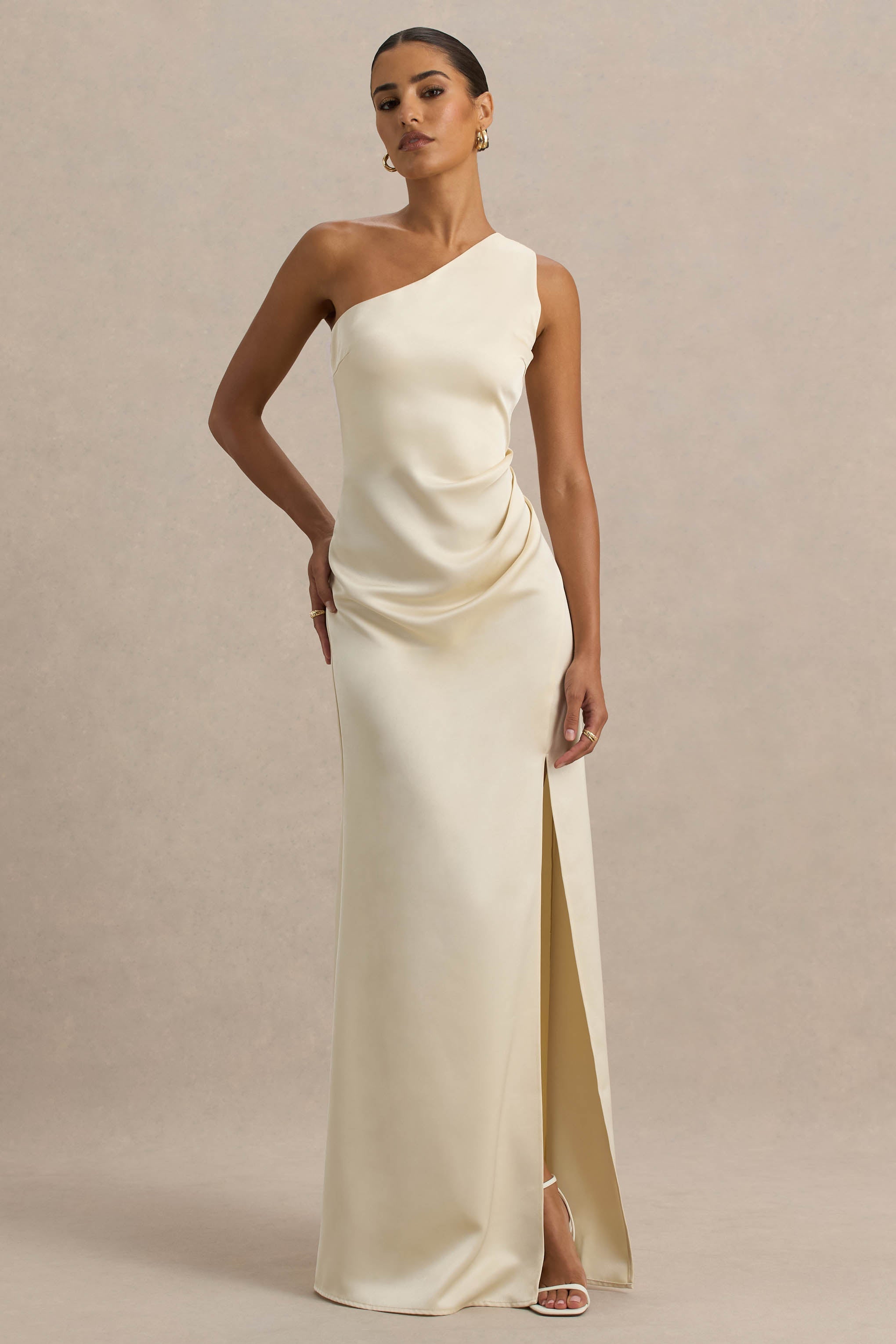 Beth | Pale Lemon Asymmetric Neckline High-Split Maxi Dress