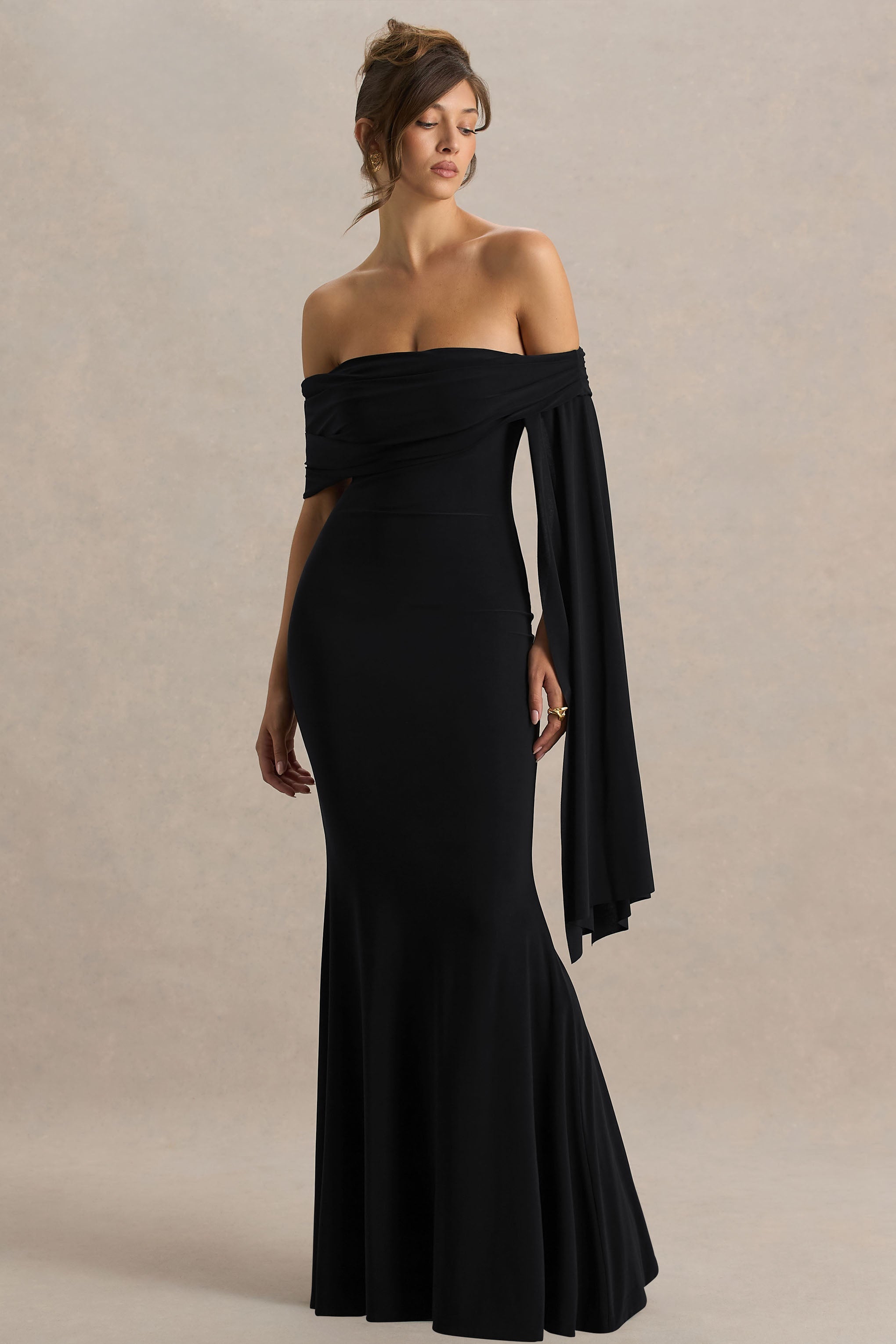 Saffina | Black Bardot-Neck Maxi Dress With Sash Detail