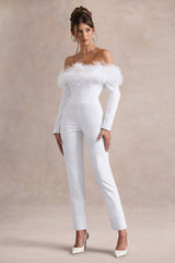 Ales | White Bardot Tailored Straight-Leg Jumpsuit With Feather Trim