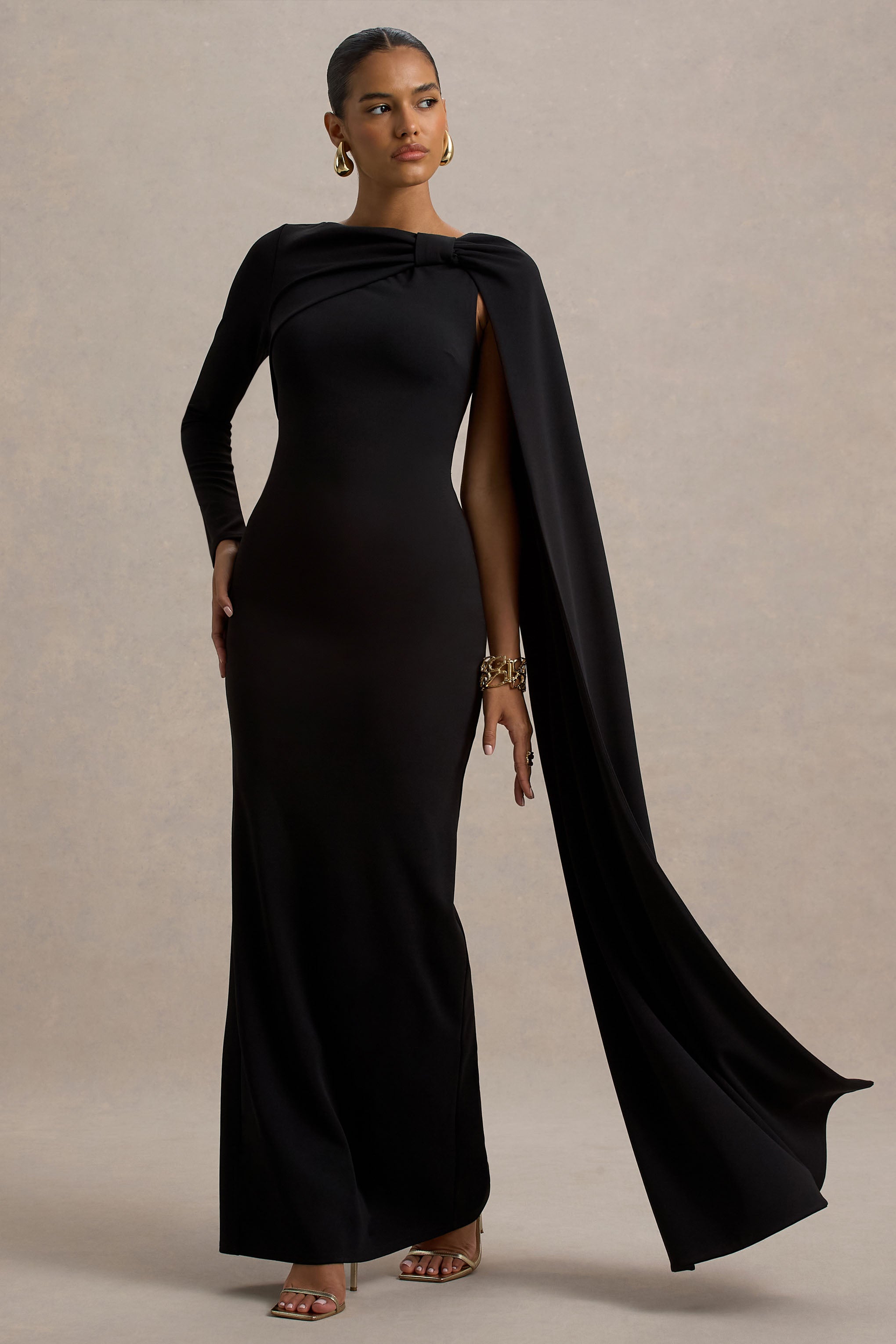 Frances | Black High-Neck Maxi Dress With Cape Detail