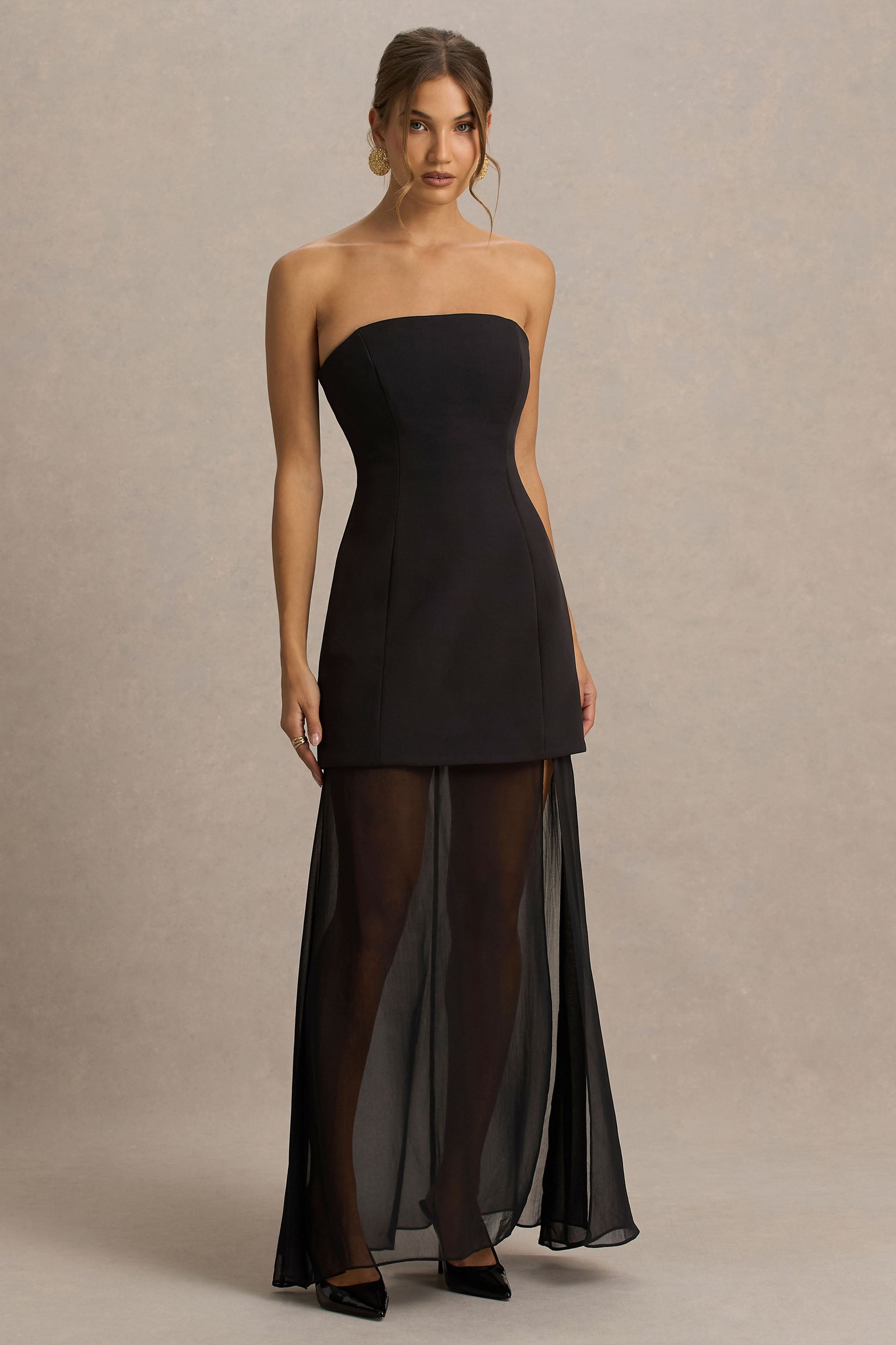 Chessa | Black Slashed-Neck Maxi Dress With Sheer Cape