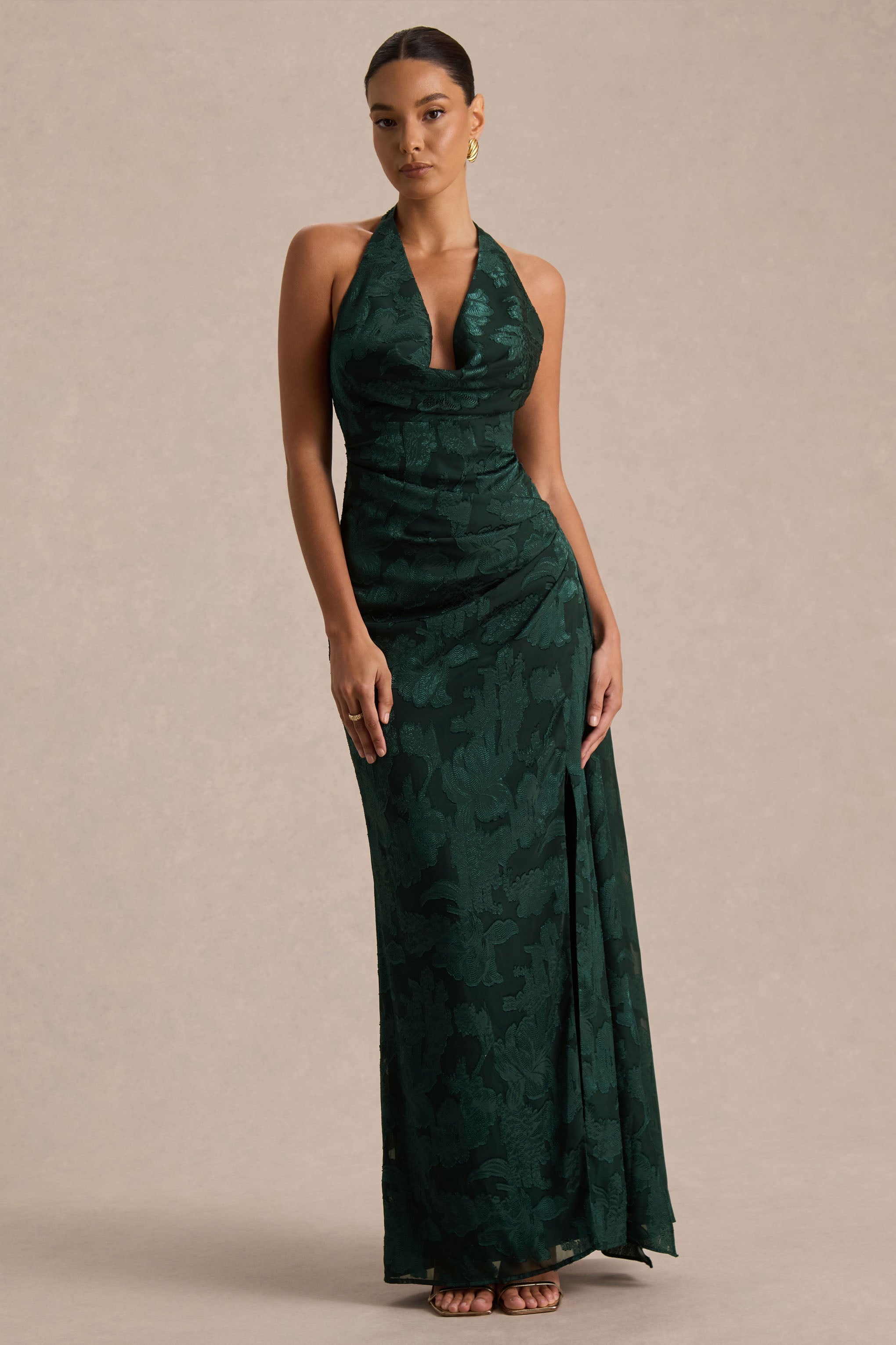 Talula | Dark Green Extreme Cowl-Neck Maxi Dress With Sash And Front-High Split