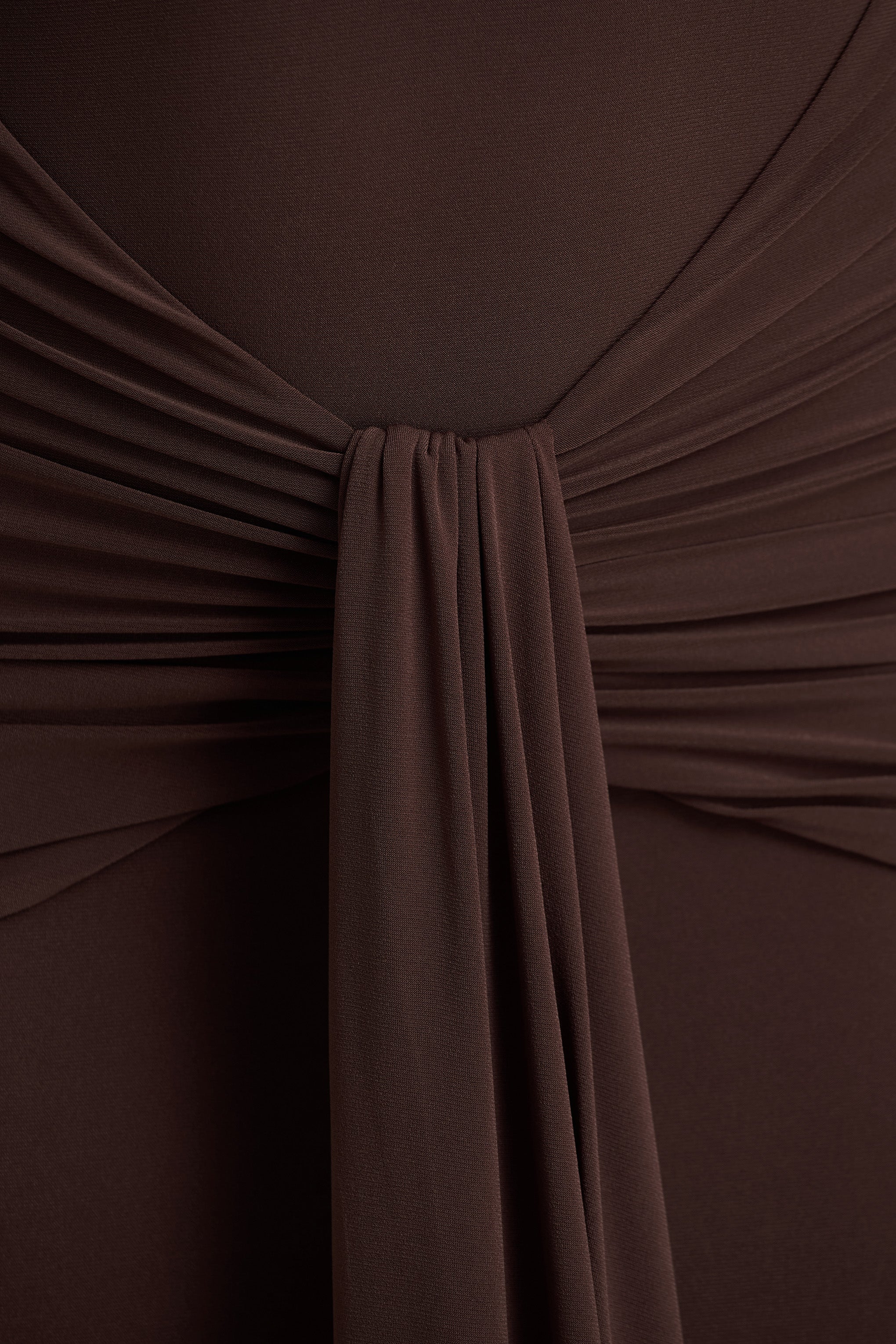 Saffie | Chocolate Extreme-Plunge Wrap Maxi Dress With Long-Sleeves And Ruched Detailing