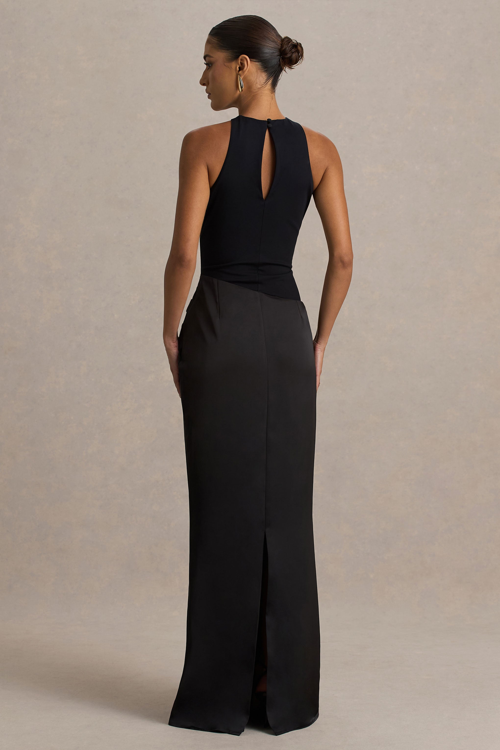 Akari | Black Crew-Neck Maxi Dress With Satin Skirt