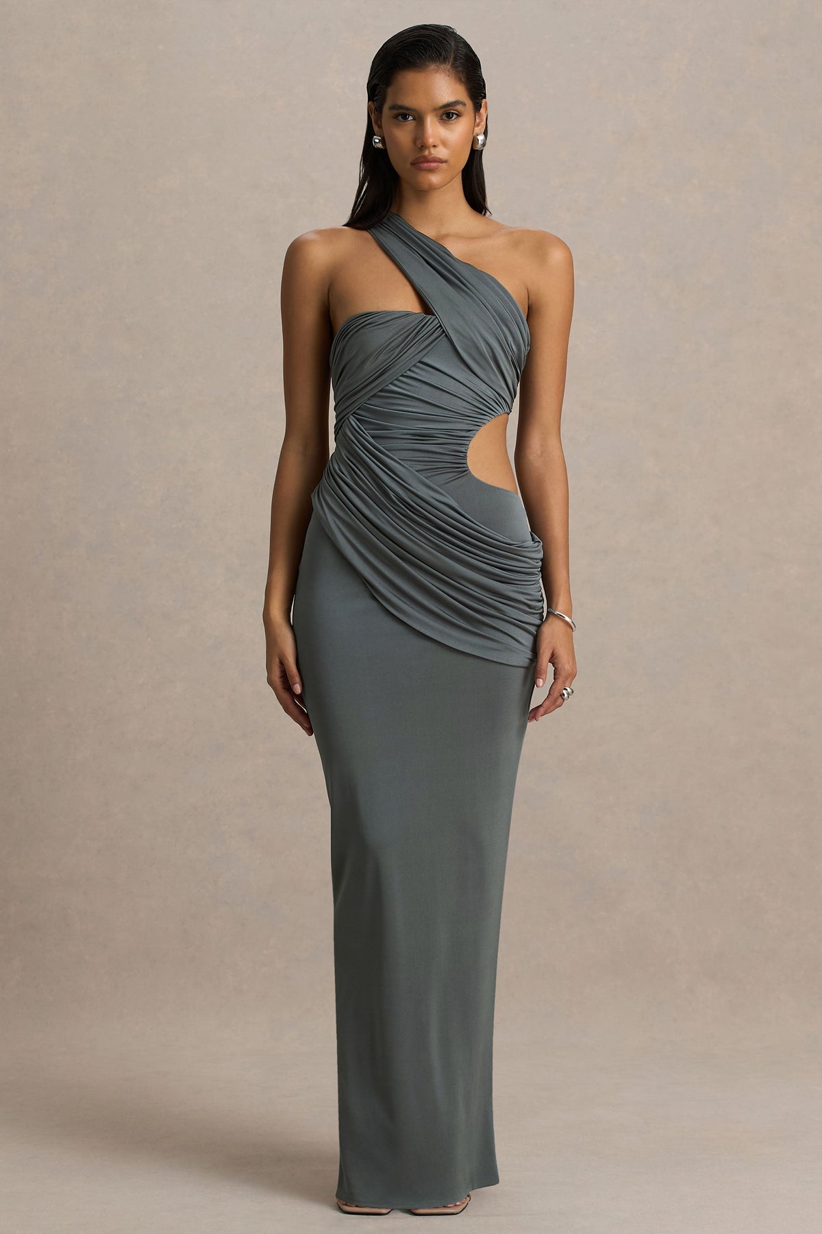 Serefine | Grey Asymmetric-Neck Maxi Dress With Body Cut-Out