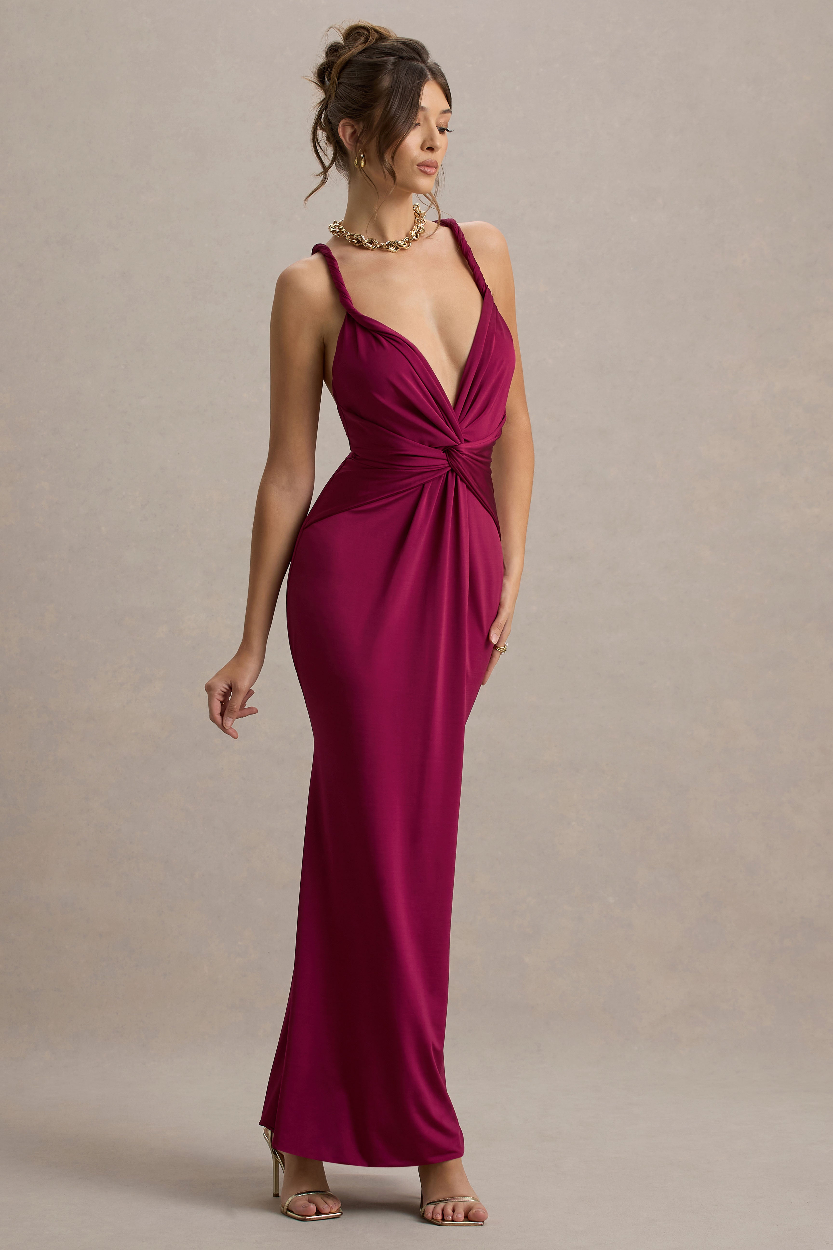 Santez | Dark Cherry Twisted Plunge-Neck Maxi Dress