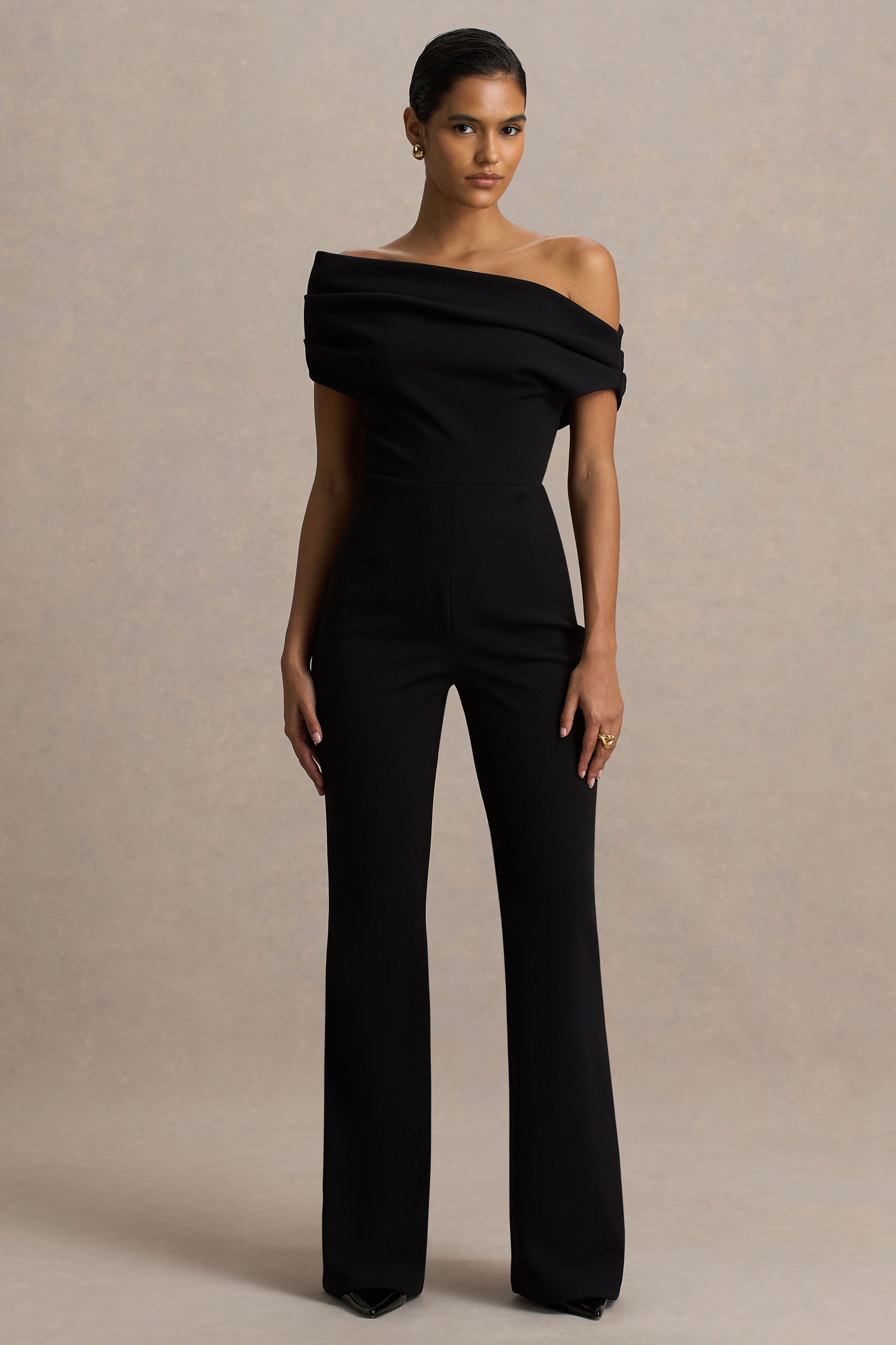 Alexandra | Black Asymmetric-Neck Draped Jumpsuit