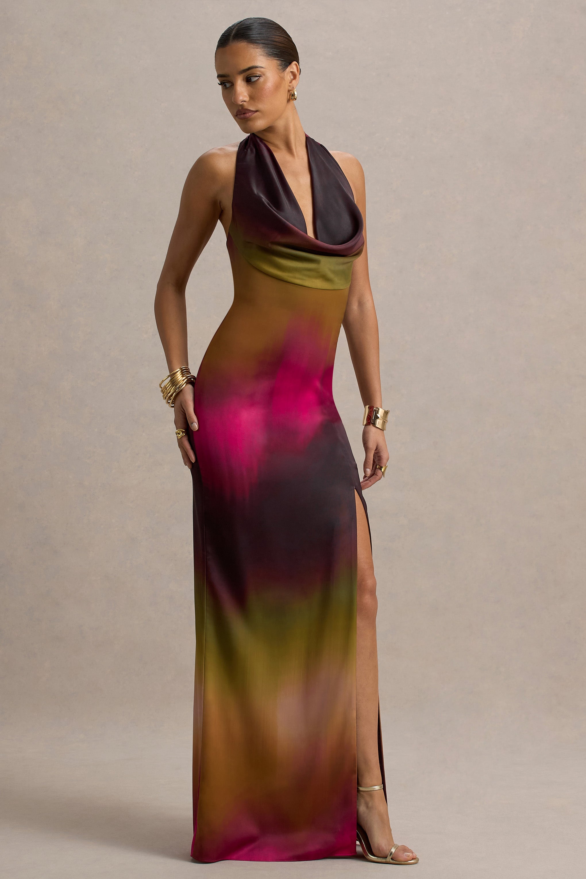 Fiorella | Ombre Print Cowl-Neck Split Maxi Dress