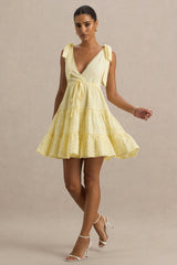 Corrina | Lemon Broderie Plunge-Neck Mini Dress