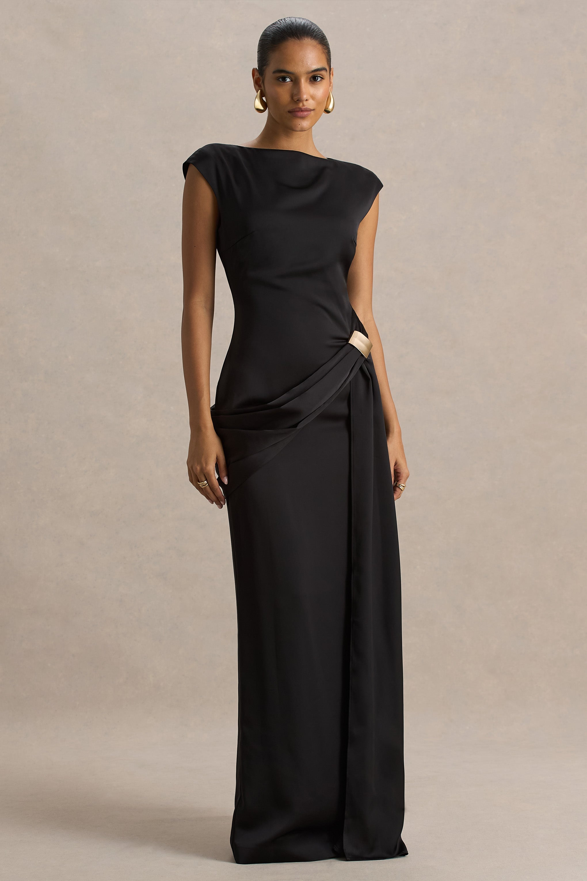 Influence | Black Satin Slashed-Neck Maxi Dress With Embellished Detail And Sash