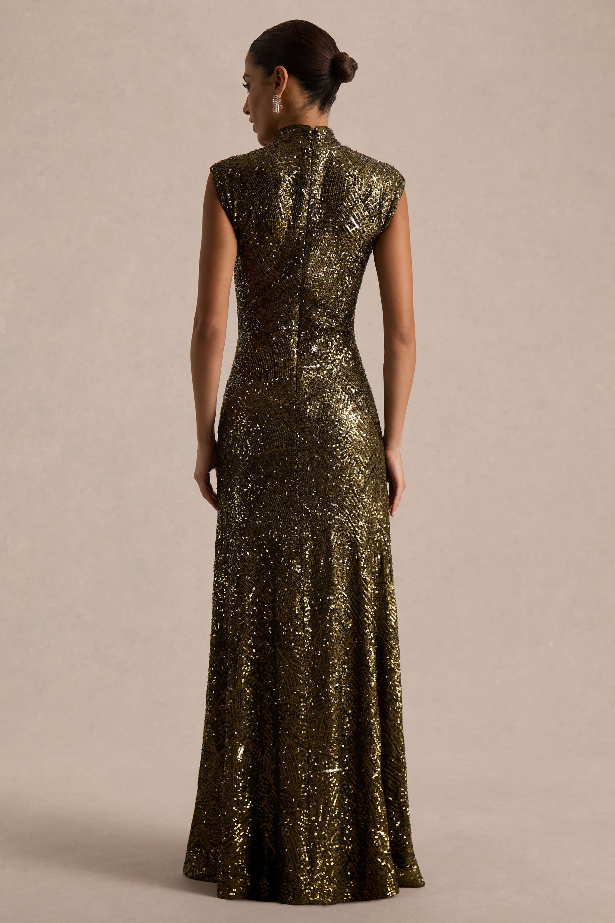 Cecy | Khaki Sequin High-Neck Maxi Dress With Cap Sleeves