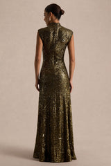 Cecy | Khaki Sequin High-Neck Maxi Dress With Cap Sleeves