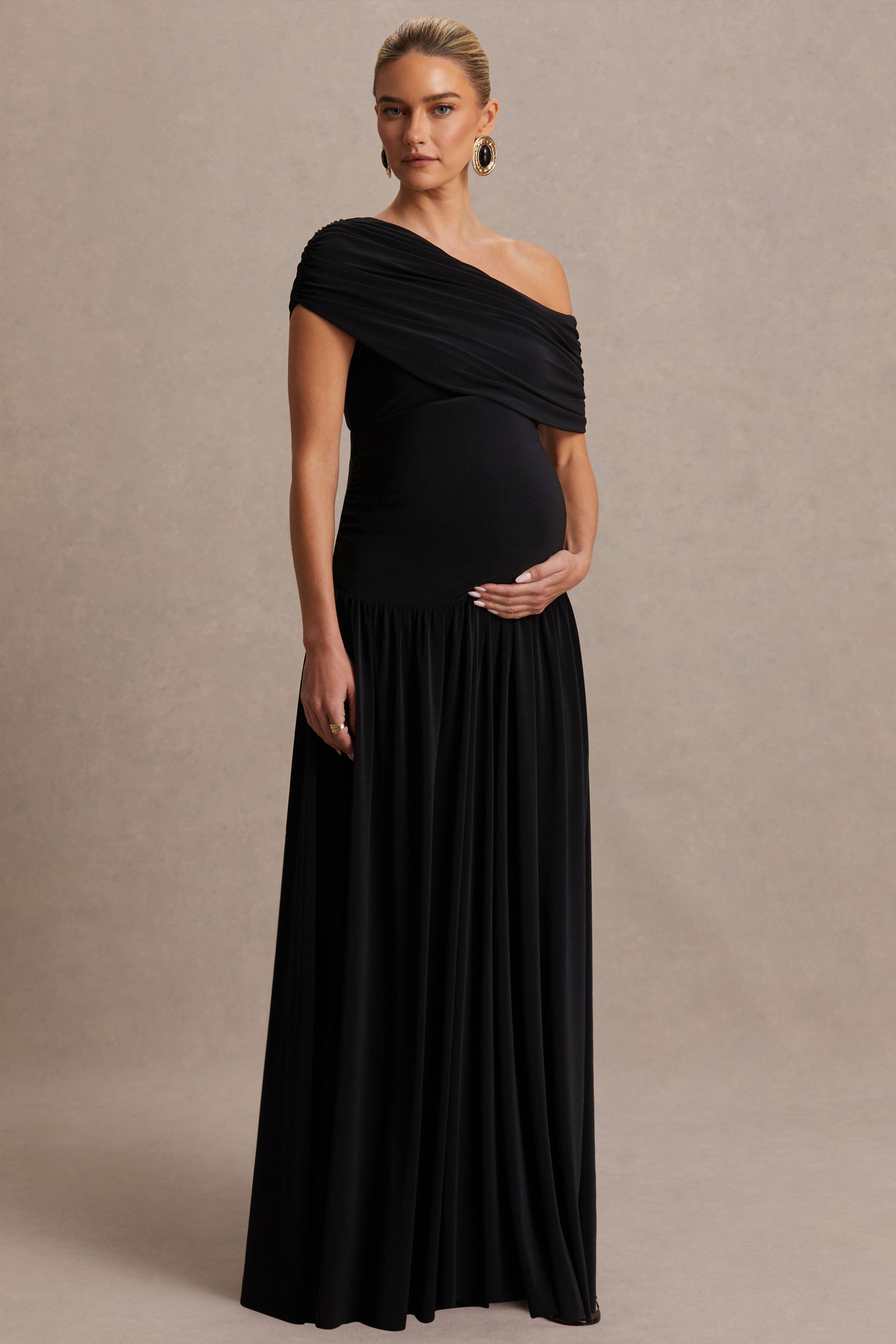 Noah | Black Asymmetric-Neck Maternity Maxi Dress With Drop-Waist