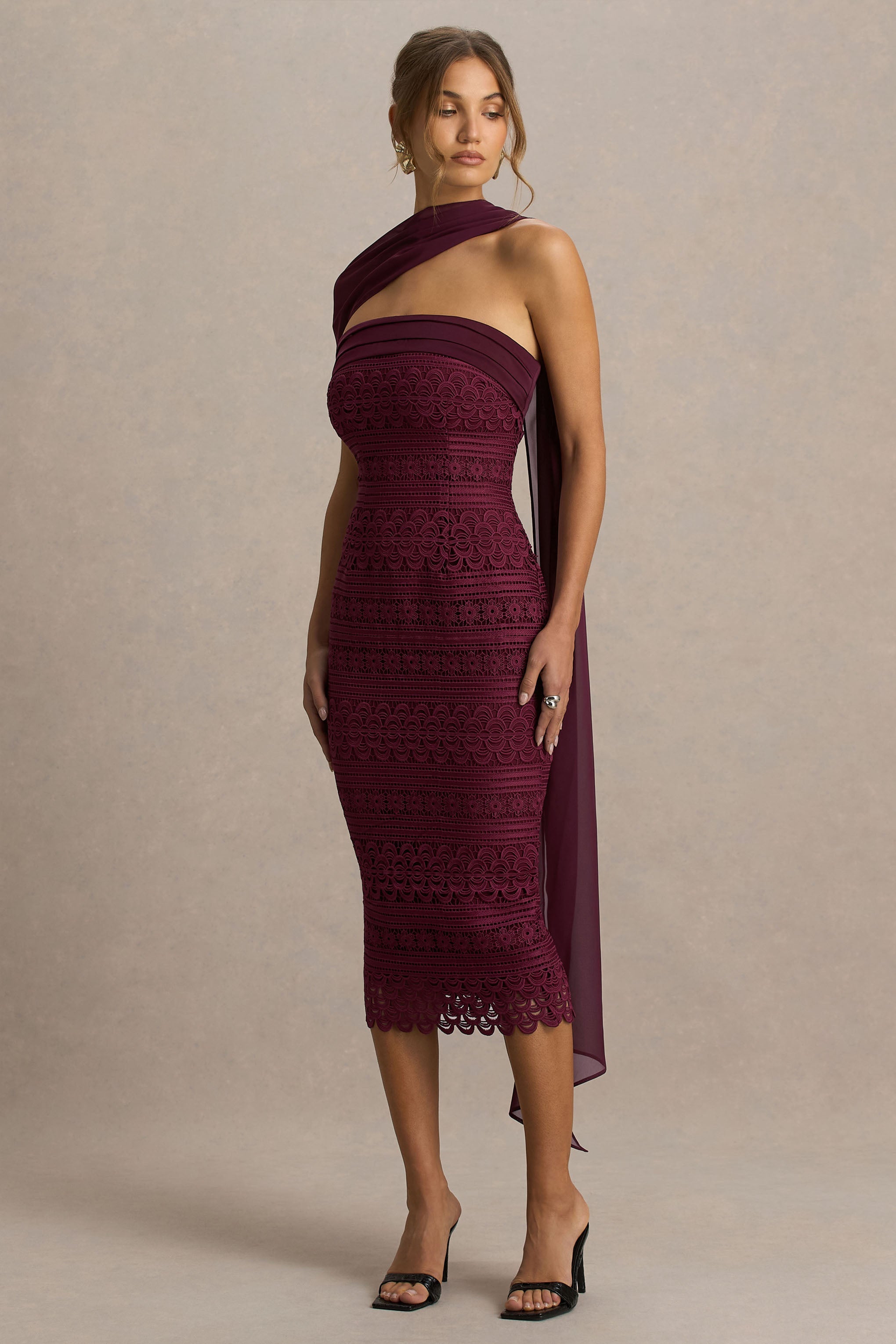 Secret | Burgundy Bandeau Lace Midi Dress With Scarf Detail