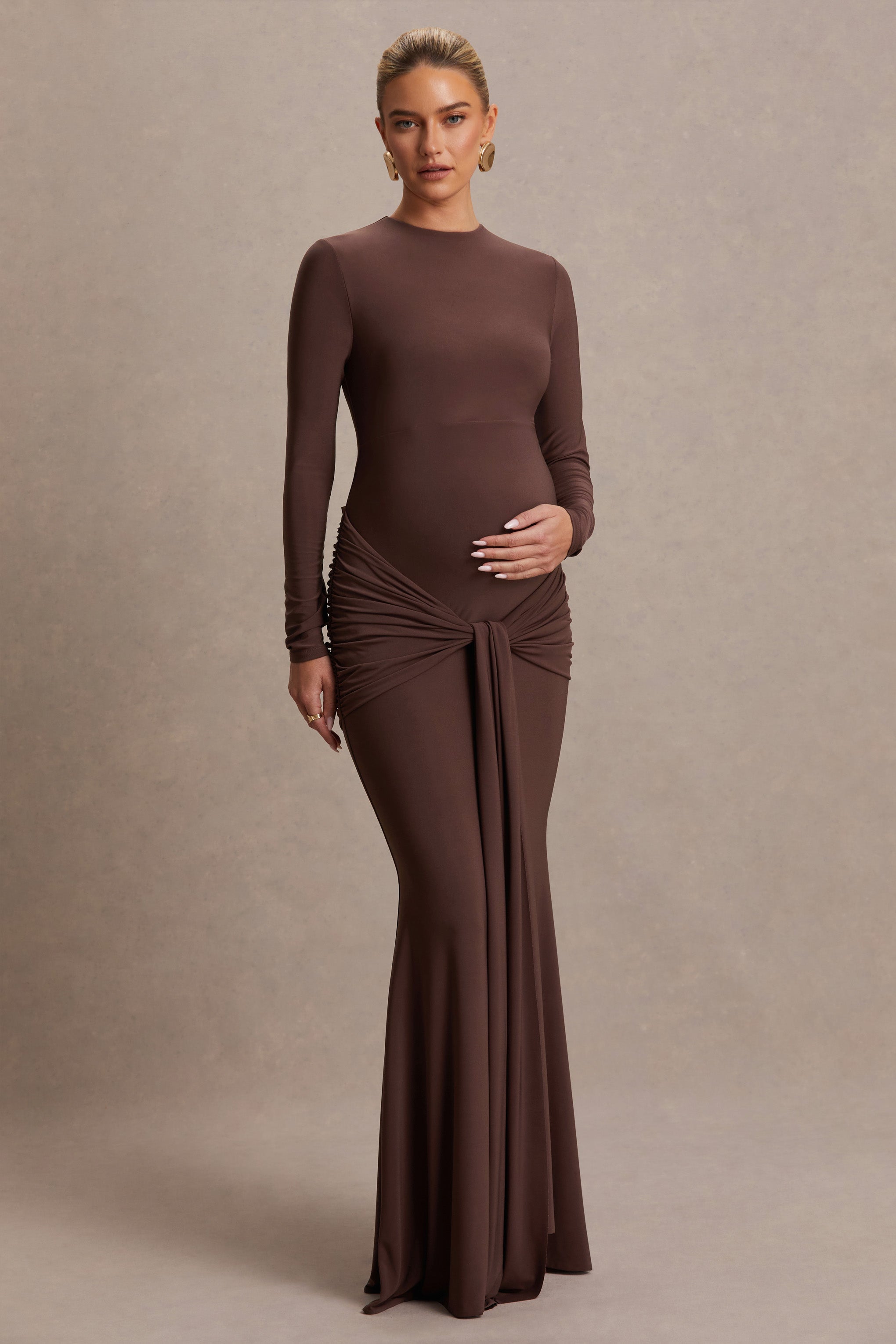 Aveny | Brown Crew-Neck Maternity Maxi Dress With Ruched-Detailing And Sash