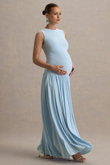 Outline | Powder Blue Crew-Neck Maternity Maxi Dress With Pleated Skirt