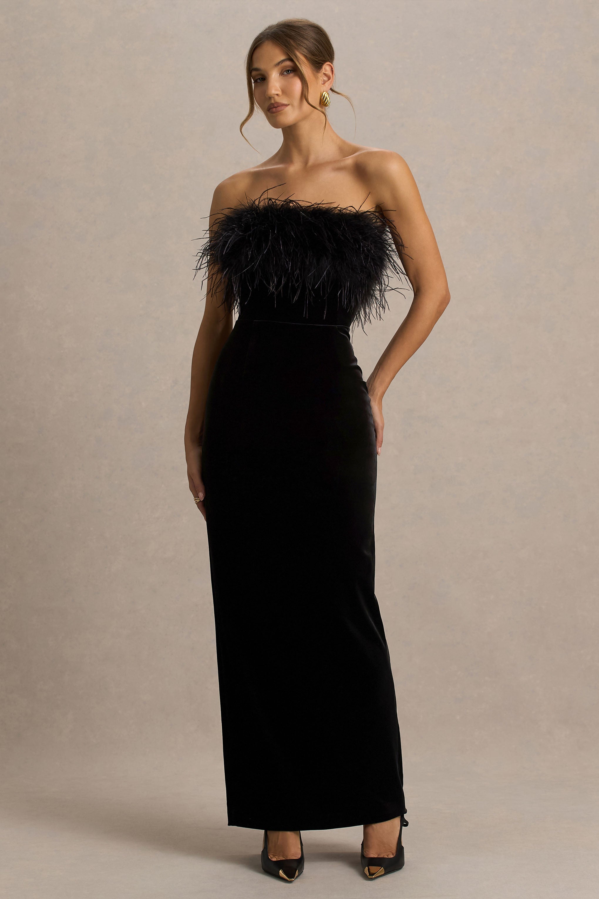 Arella | Black Velvet Bandeau Maxi Dress With Feather Trim