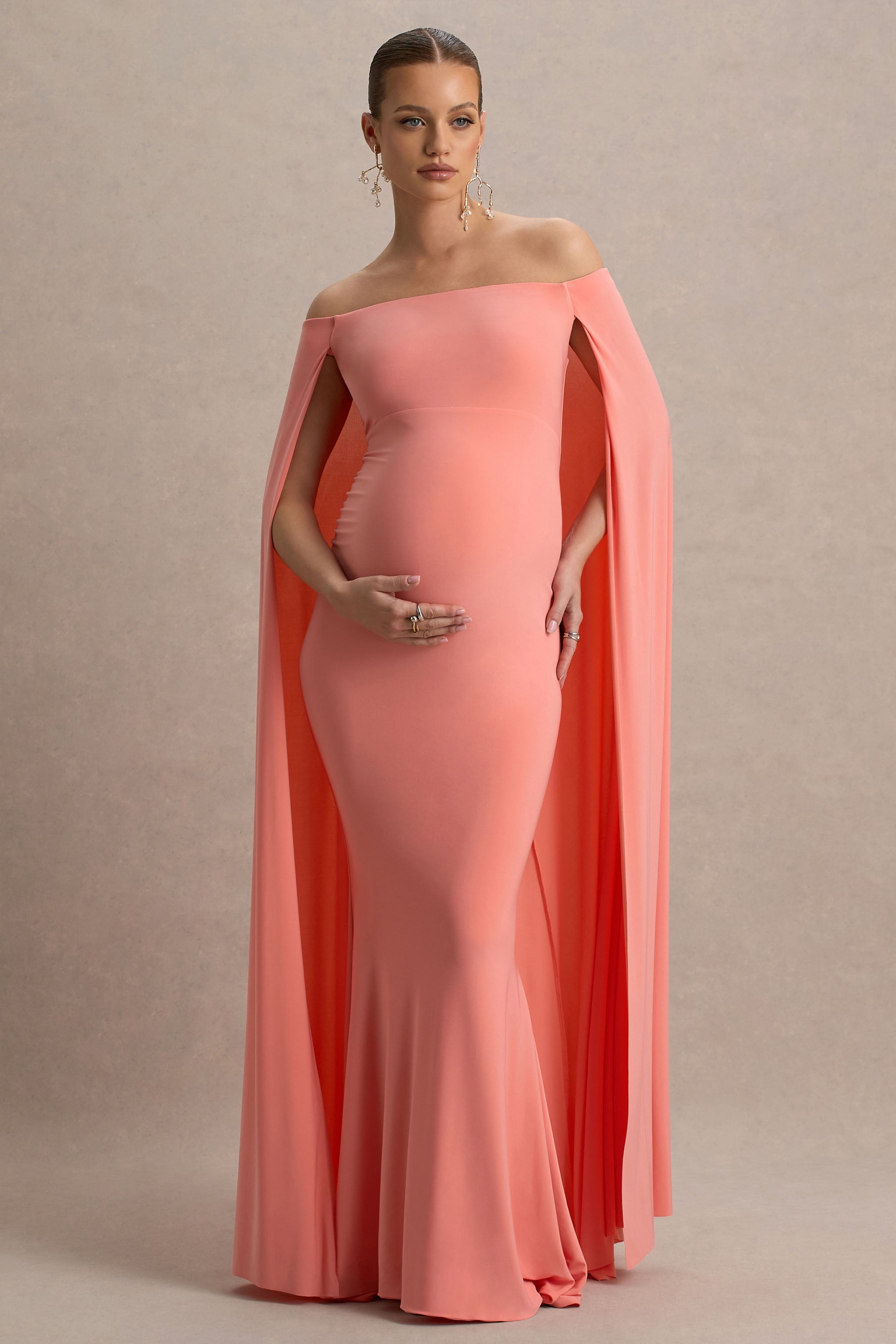 Radiance | Coral Bardot Maternity Maxi Dress With Cape