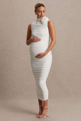 Shellie | White High-Neck Maternity Midi Dress With Corsage Detail