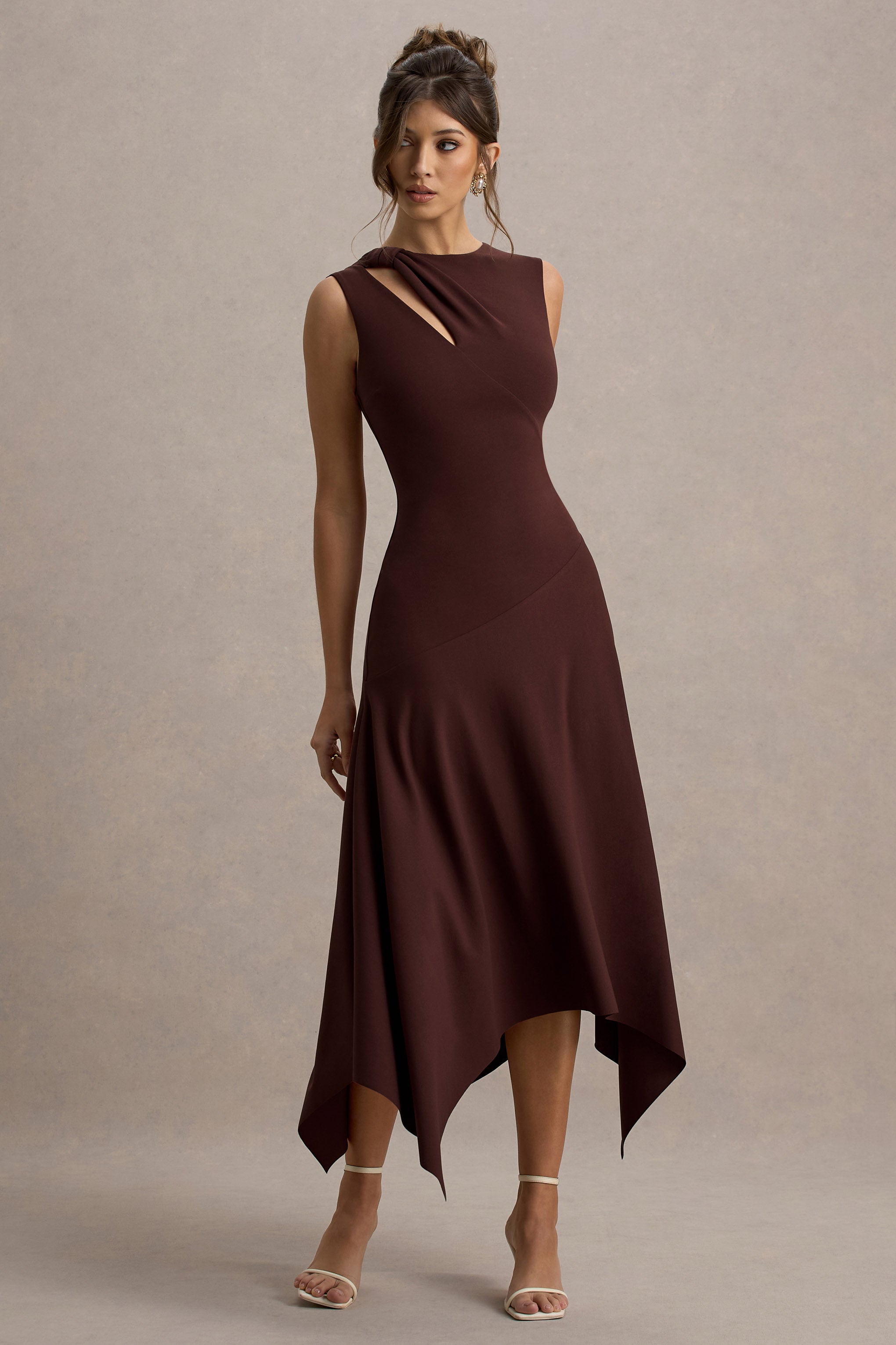 Francesca | Brown Knotted Midi Dress With Handkerchief Hem