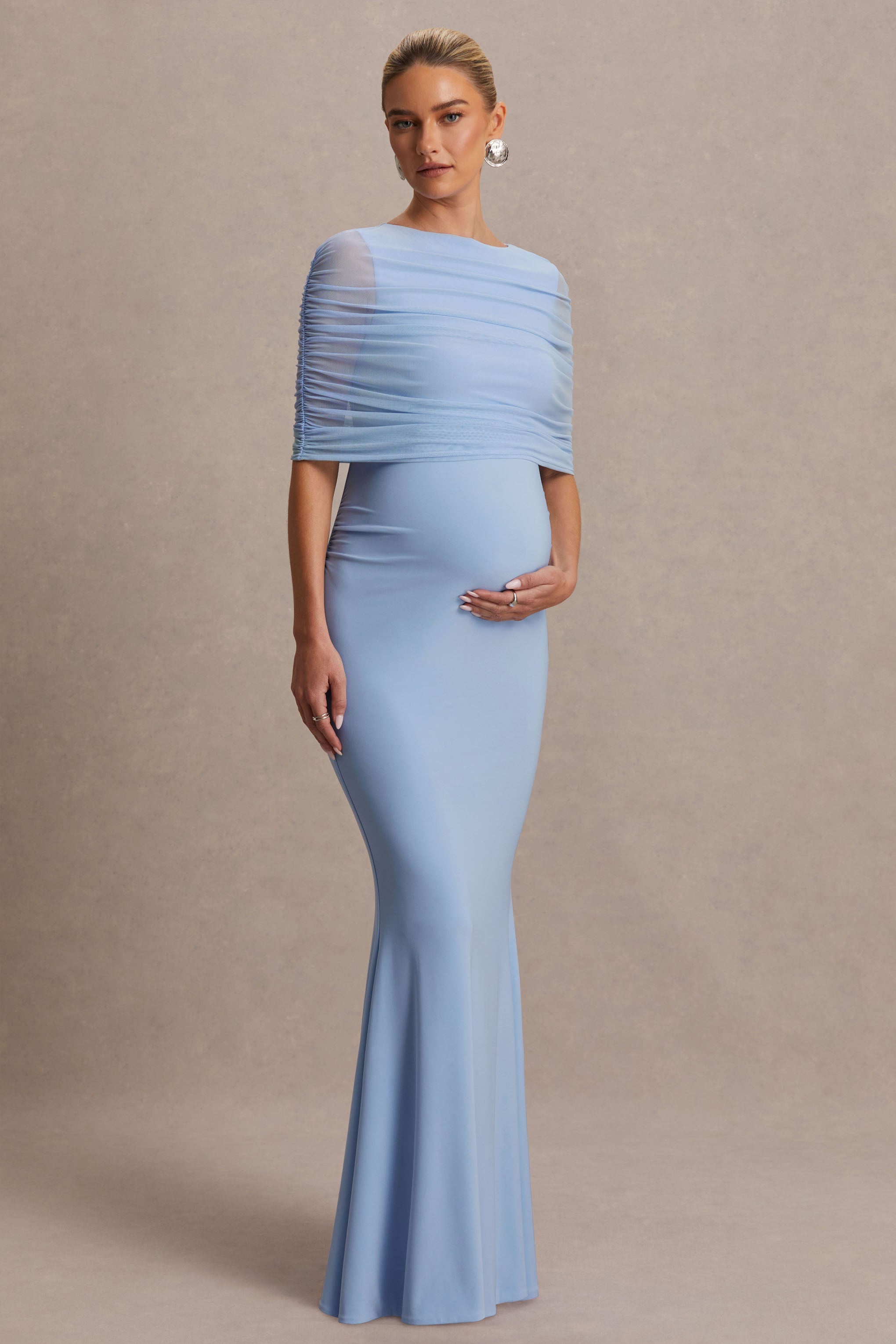 Zaria | Powder Blue Crew-Neck Maternity Maxi Dress With Cape-Overlay