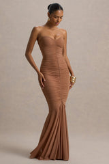 Talisa | Mocha Bandeau Ruched Maxi Dress With Mesh Fishtail