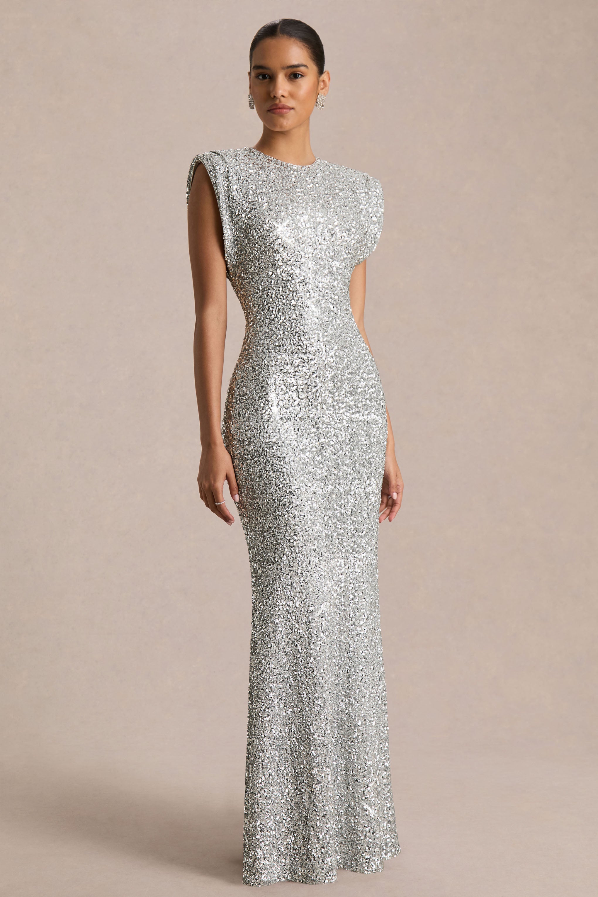 Aurah | Silver Sequin Crew-Neck Maxi Dress With Cap Sleeves