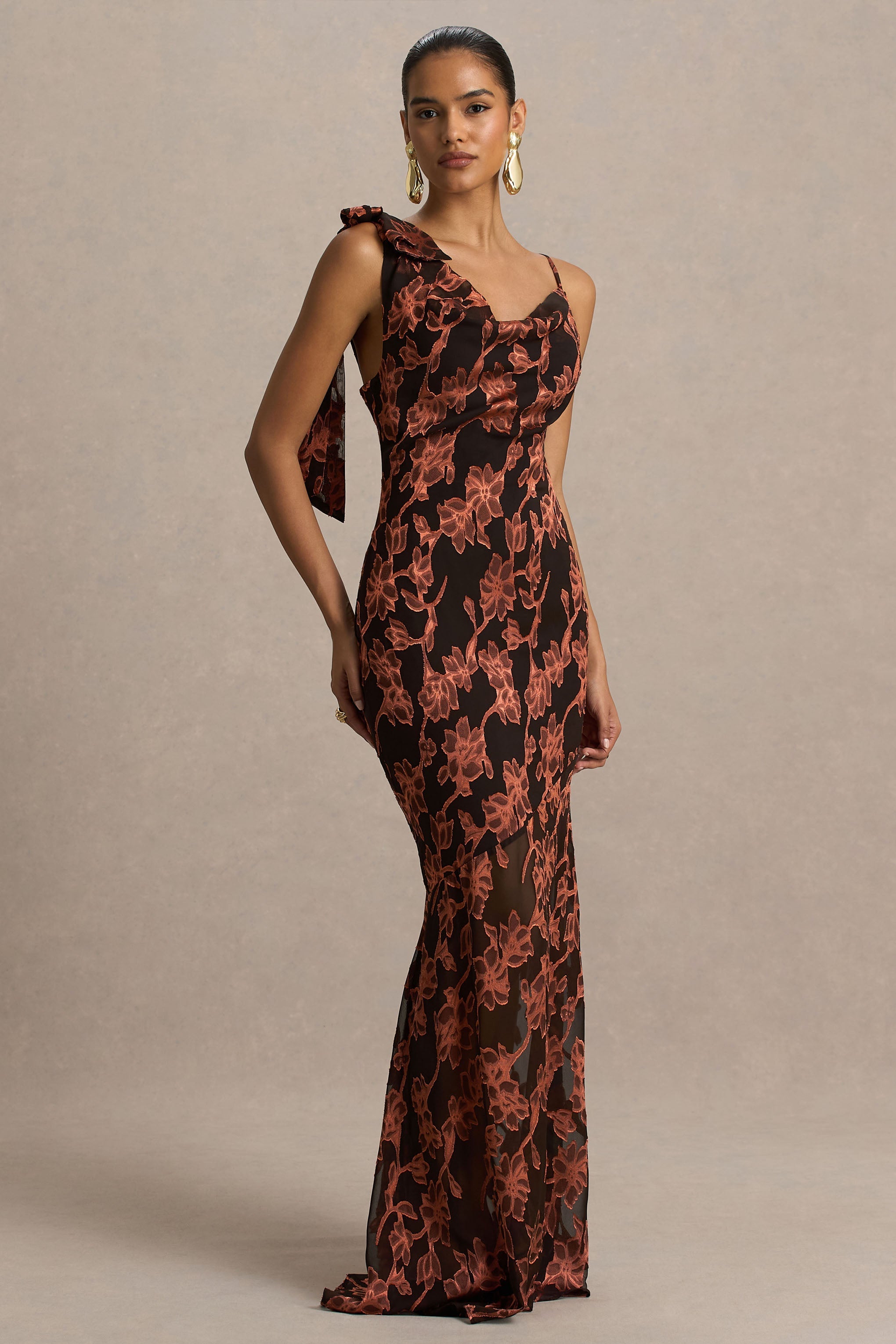Mar | Black And Rust Cowl-Neck Maxi Dress With Bow Detail