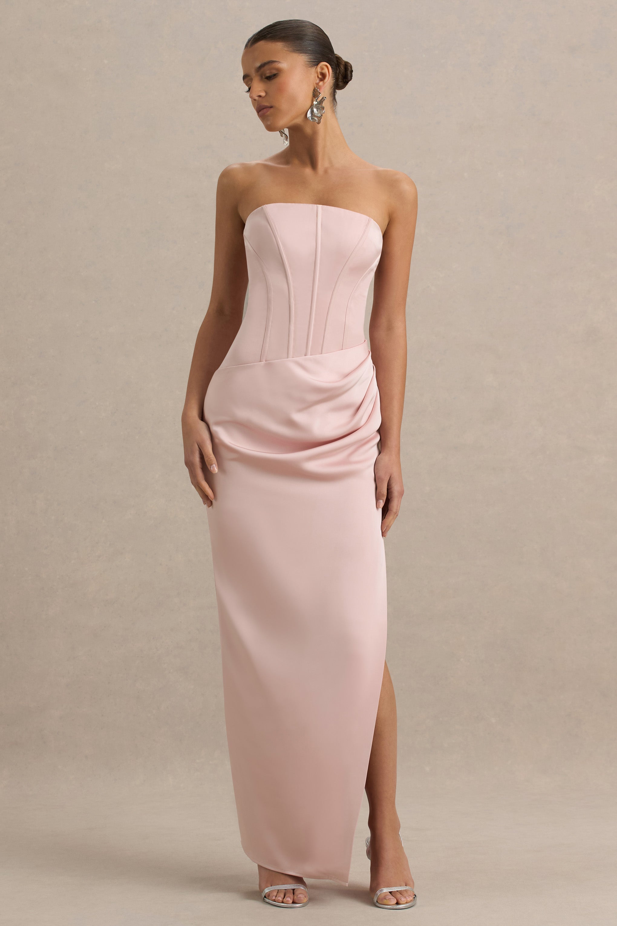 Joseline | Pale Pink Satin Corset Wrap Maxi Dress With Scarf