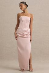 Joseline | Pale Pink Satin Corset Wrap Maxi Dress With Scarf