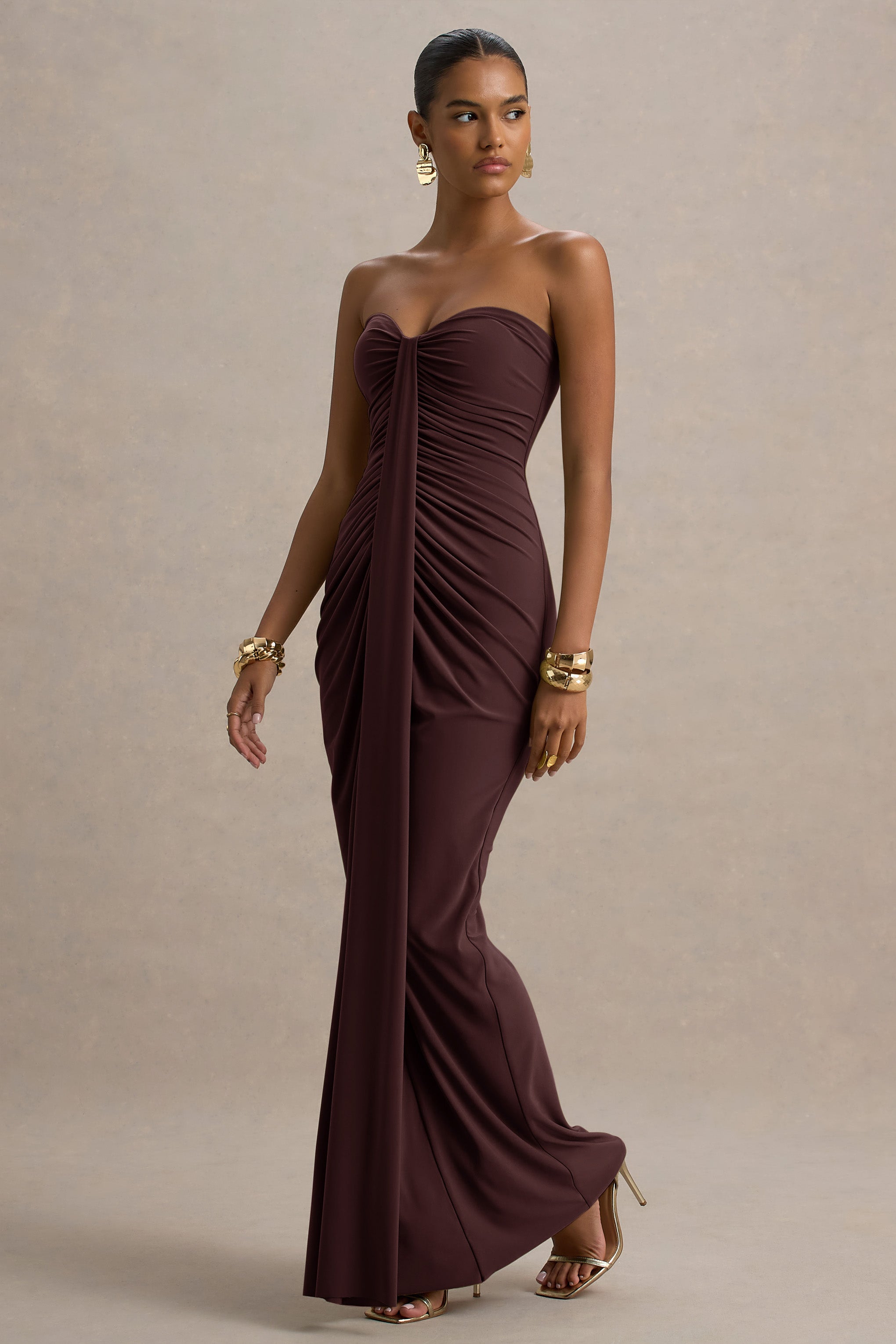 Ali | Warm Brown Sweetheart Ruched Wrap Maxi Dress