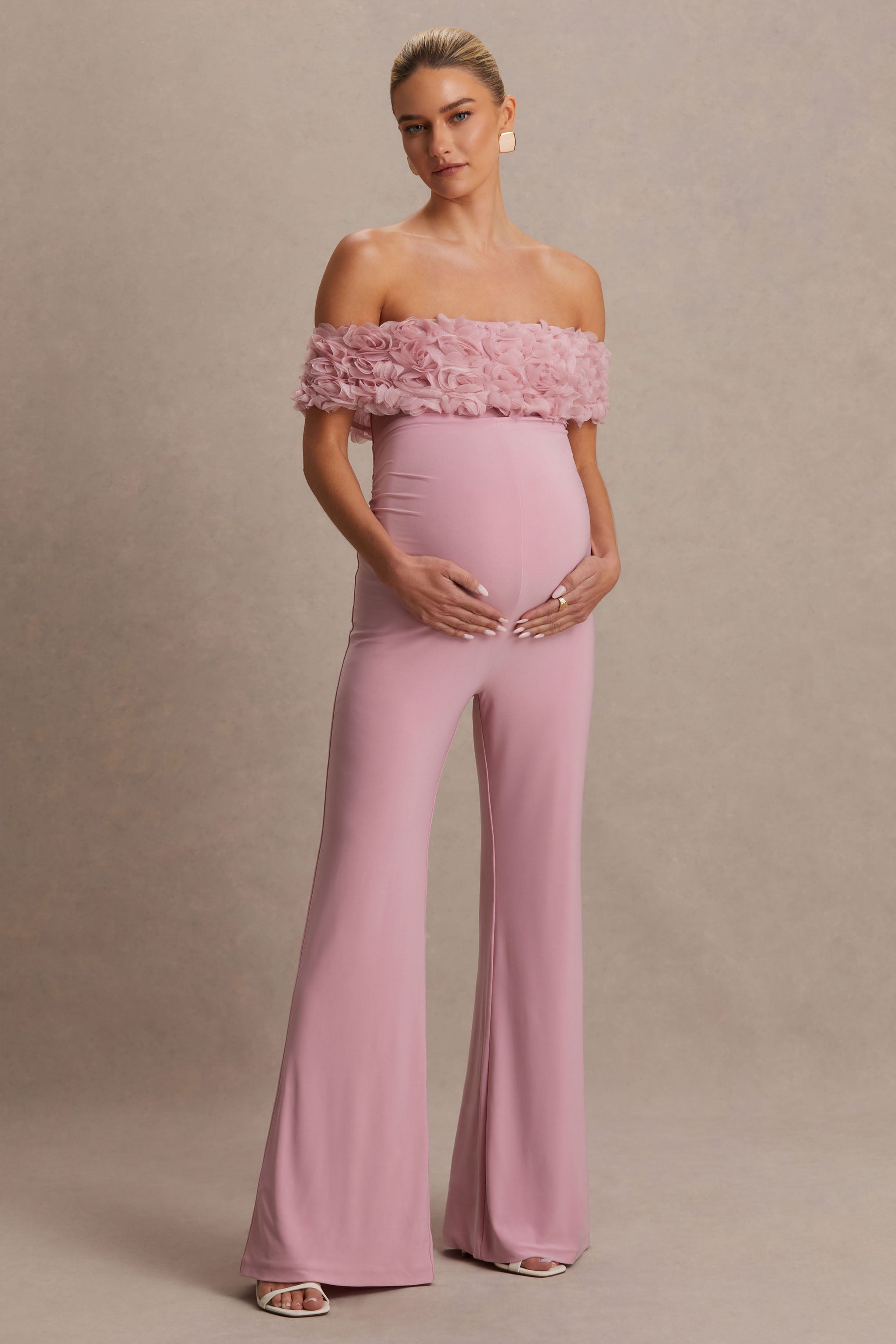 Sallow | Pink Floral Bardot Maternity Jumpsuit
