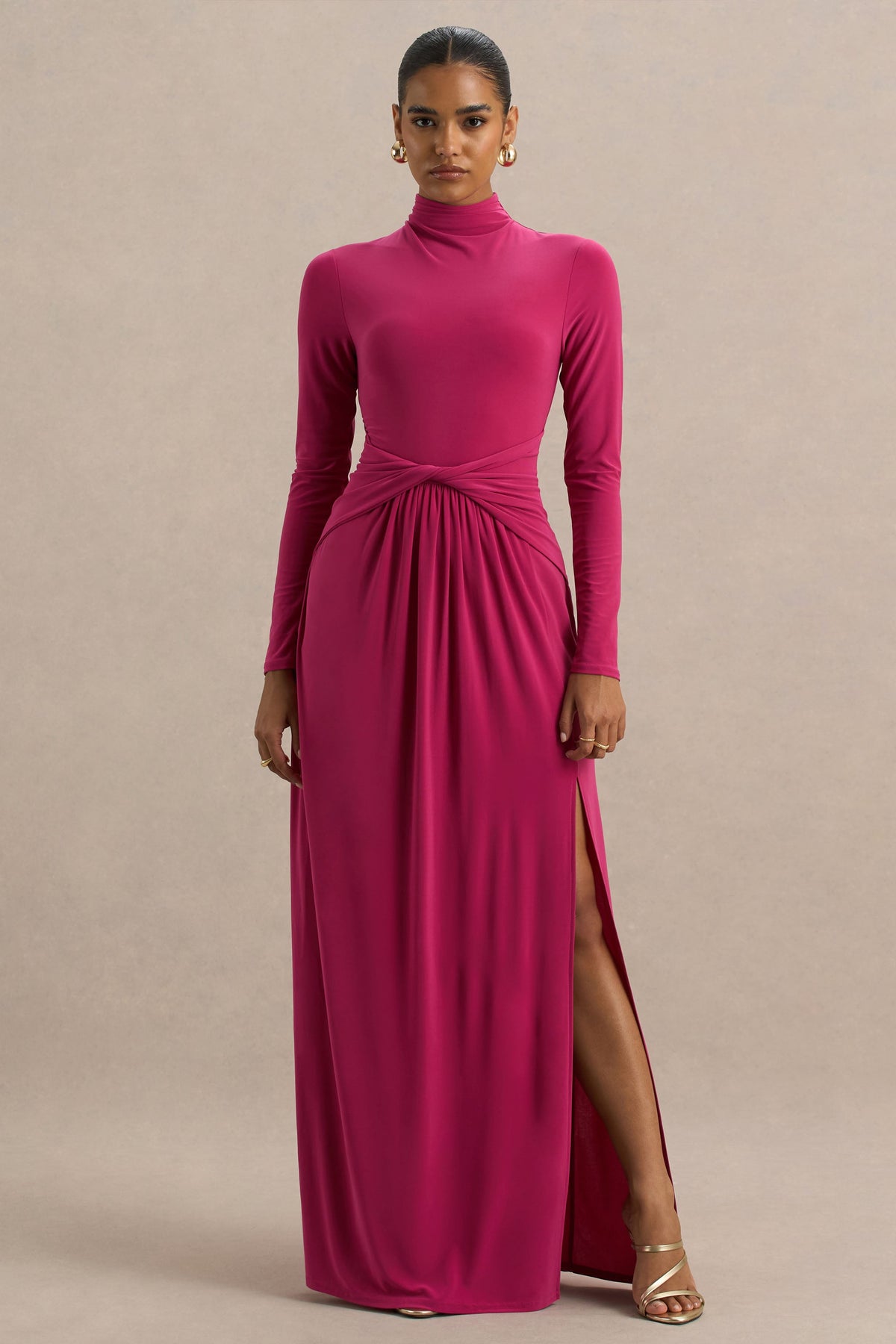 Hourglass | Hot Pink Long-Sleeve Twisted Maxi Dress With Split