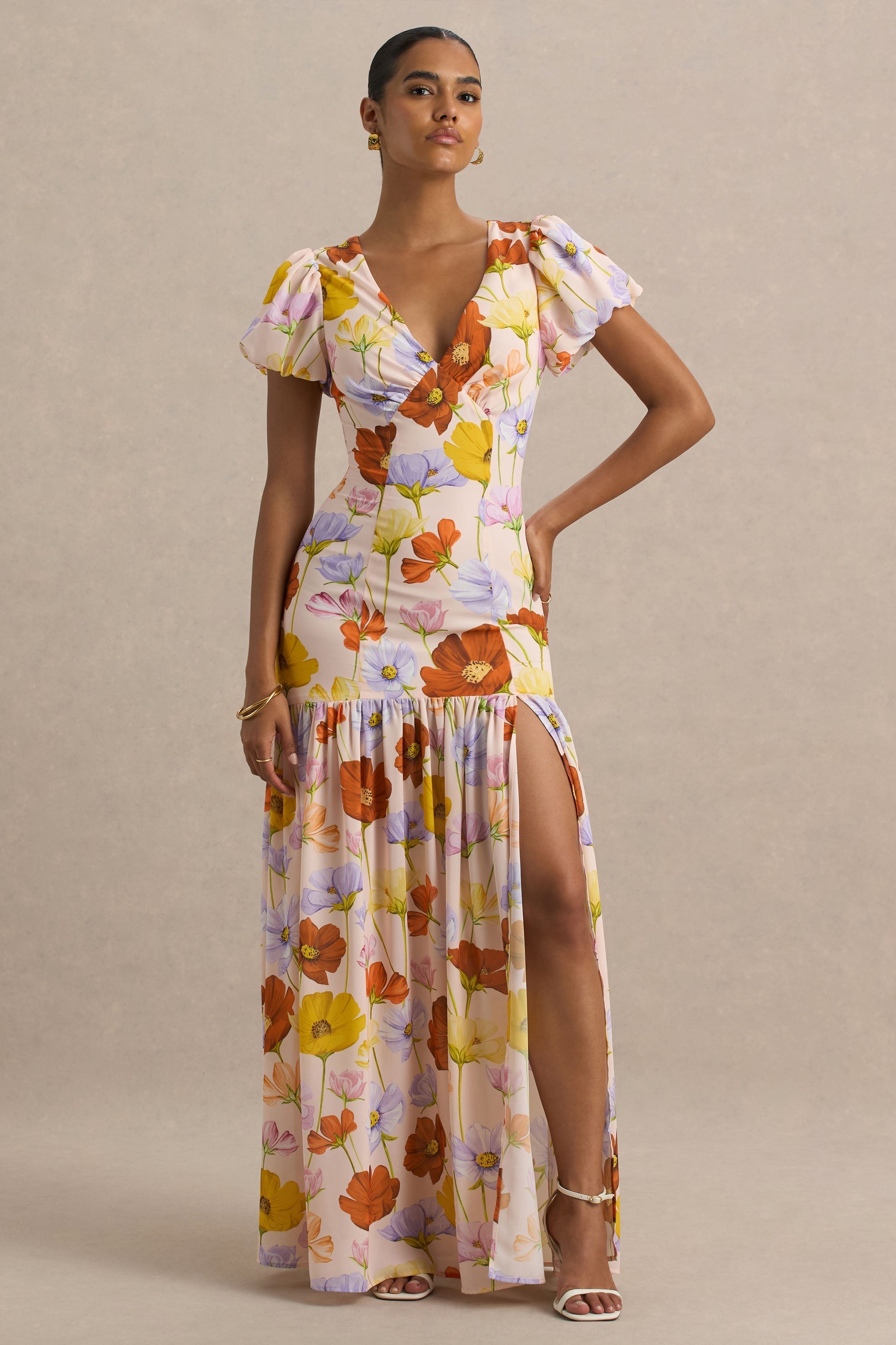 Ginny | Bright Floral Print Puff-Sleeve Split Maxi Dress