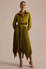 Naxos | Olive Satin Shirt Maxi Dress With Pleated Skirt