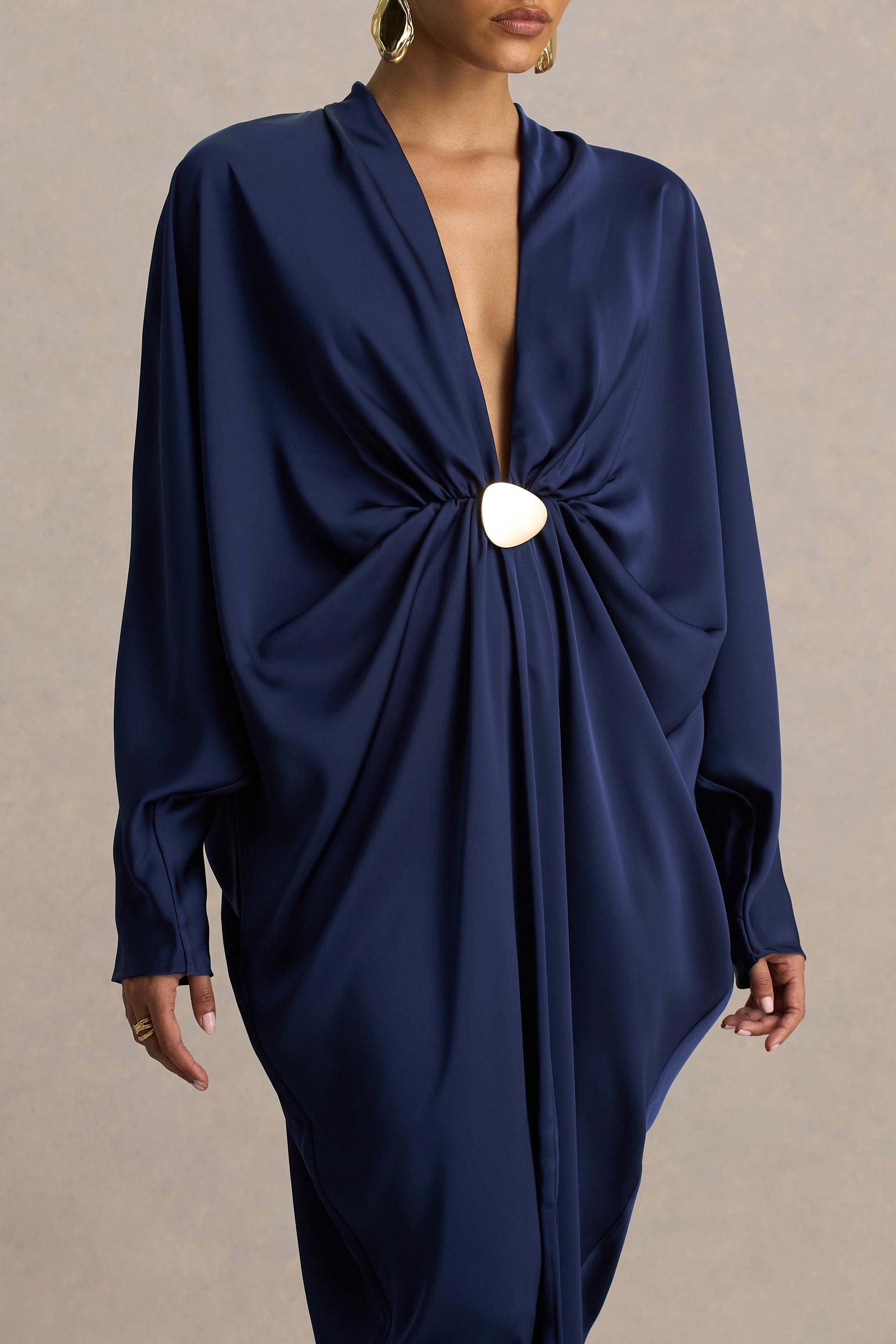 Tina | Navy Satin Plunge-Neck Embellished Maxi Dress