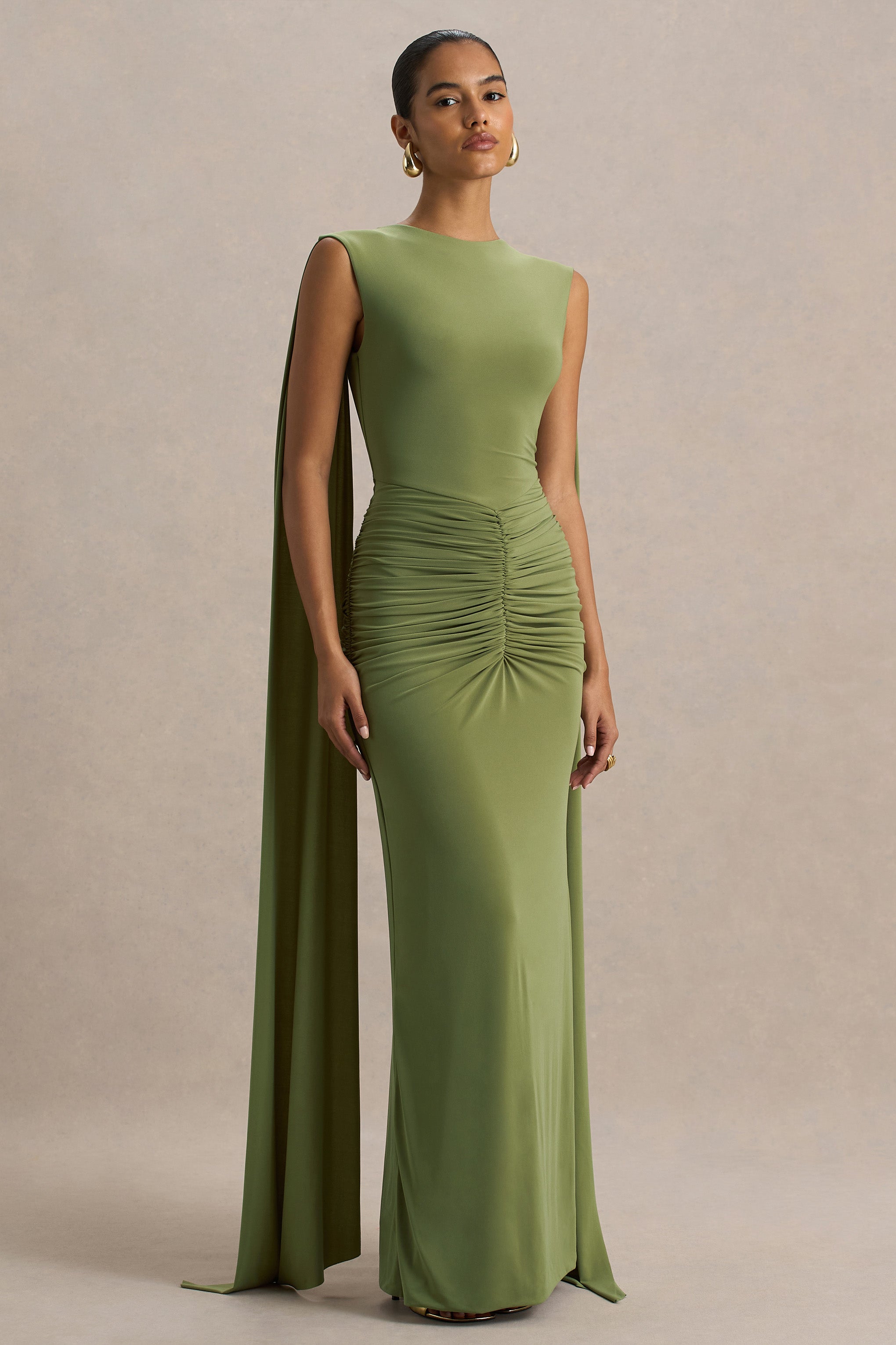 Premiere | Olive Boat-Neck Maxi Dress With Cape-Sleeves And Open-Back