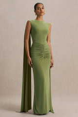 Premiere | Olive Boat-Neck Maxi Dress With Cape-Sleeves And Open-Back