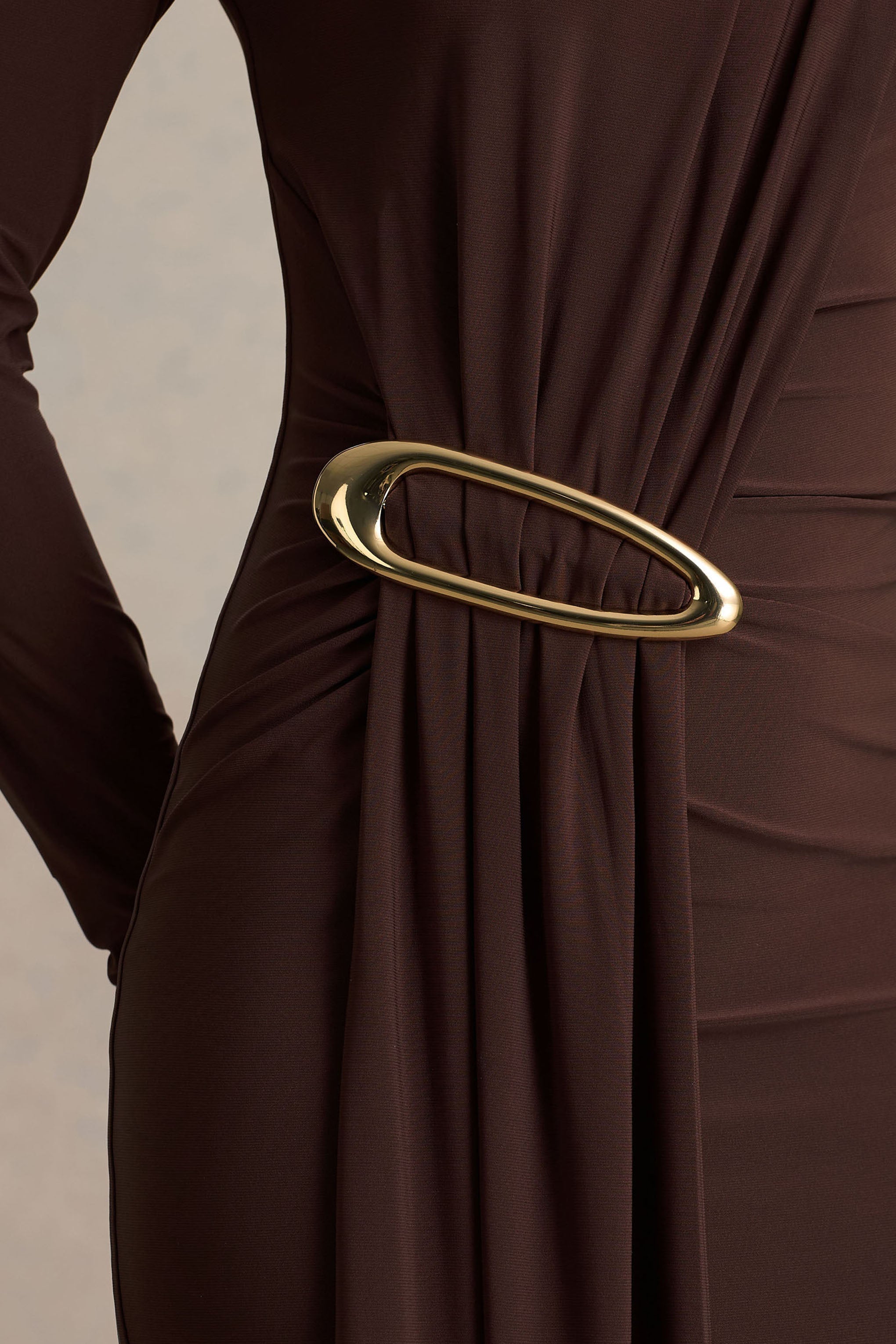 Zadie | Brown High-Neck Maxi Dress With Gathered-Detail
