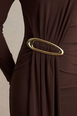 Zadie | Brown High-Neck Maxi Dress With Gathered-Detail