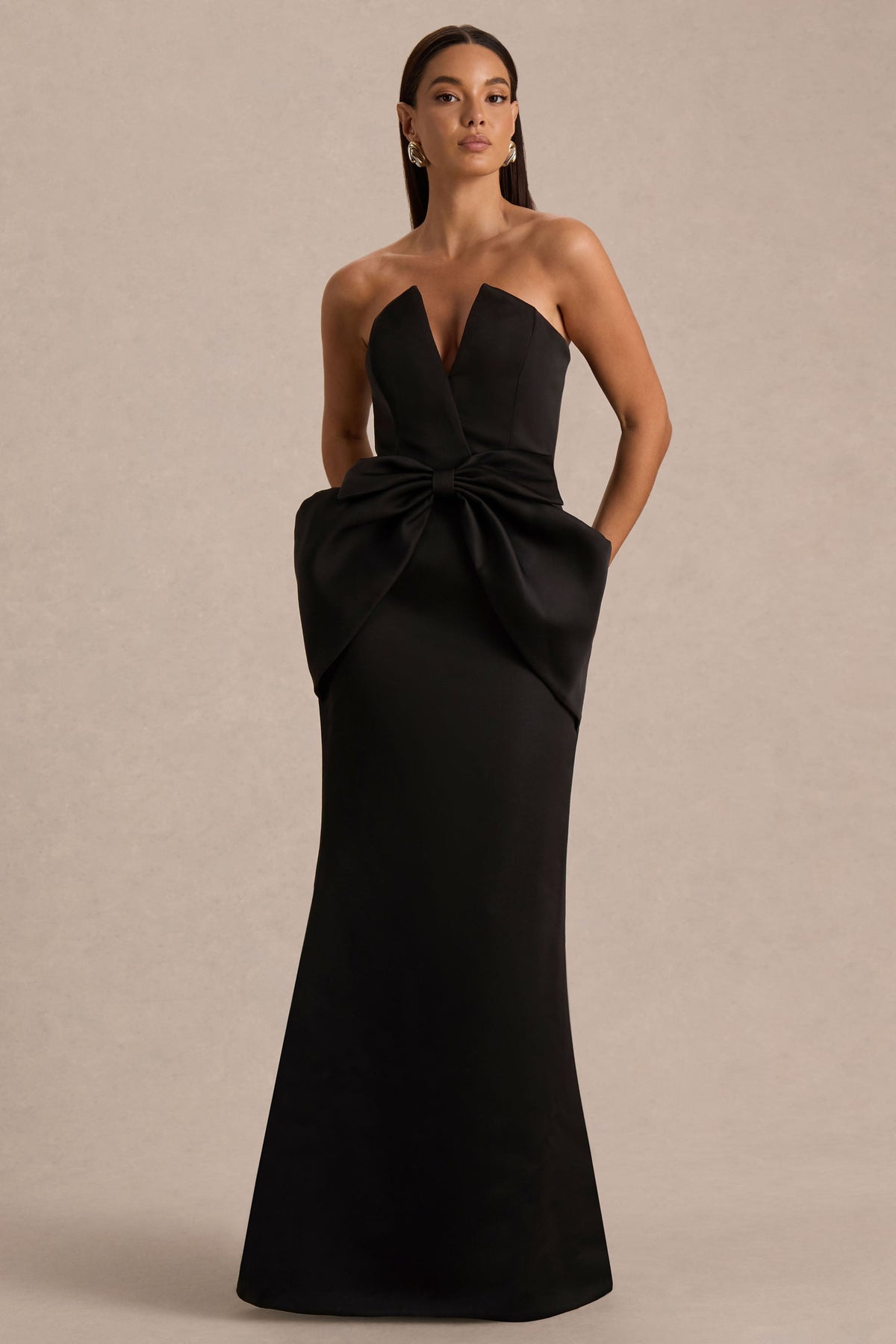 Sonata | Black Satin Bandeau Maxi Dress With Bow Detail