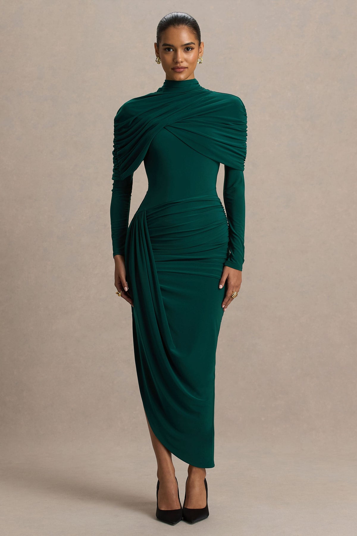 Aneira | Bottle Green High-Neck Maxi Dress With Cape Sleeves