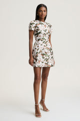 Ophelia | White And Green Embellished Sequin Floral And Mesh Mini Dress With Short Sleeves