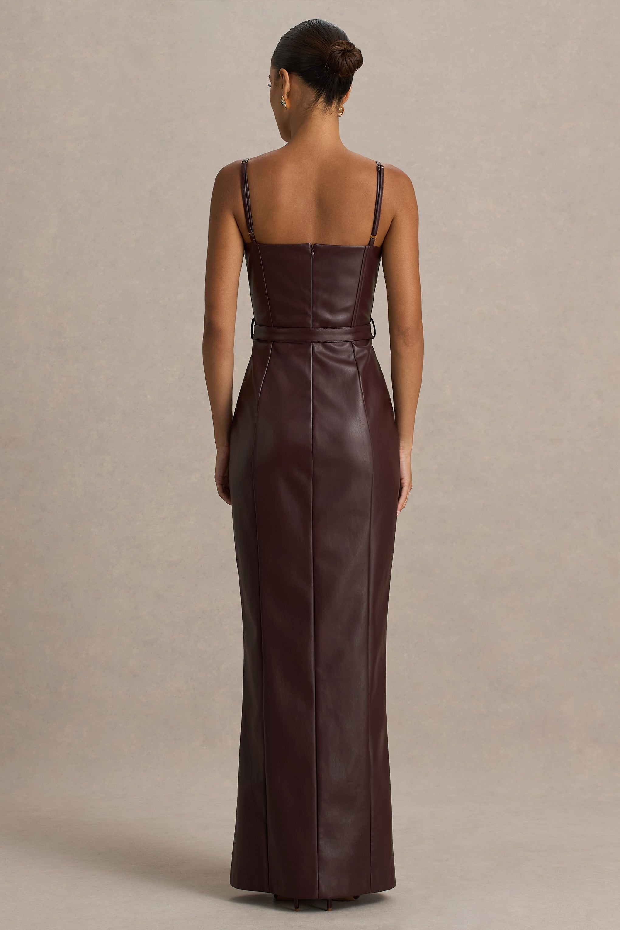 Lila | Burgundy Faux Leather Plunge-Neck Maxi Dress With Split